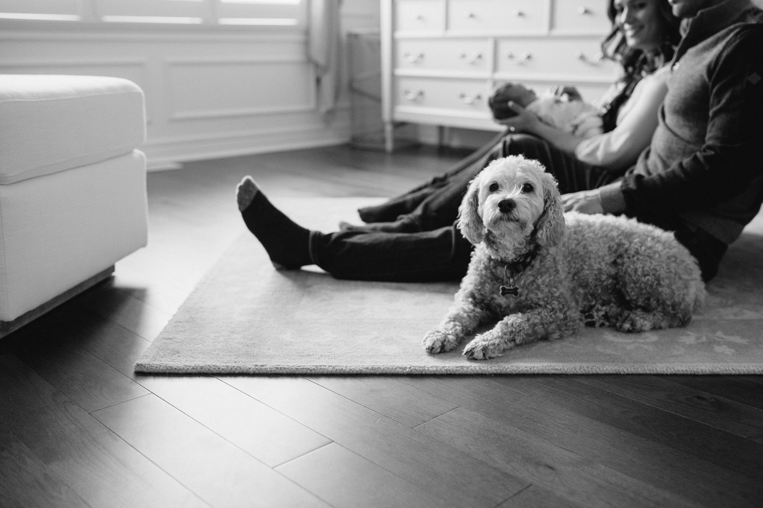 first time parents sitting on nursery floor holding baby, family dog looking at camera - Newmarket Lifestyle Photos