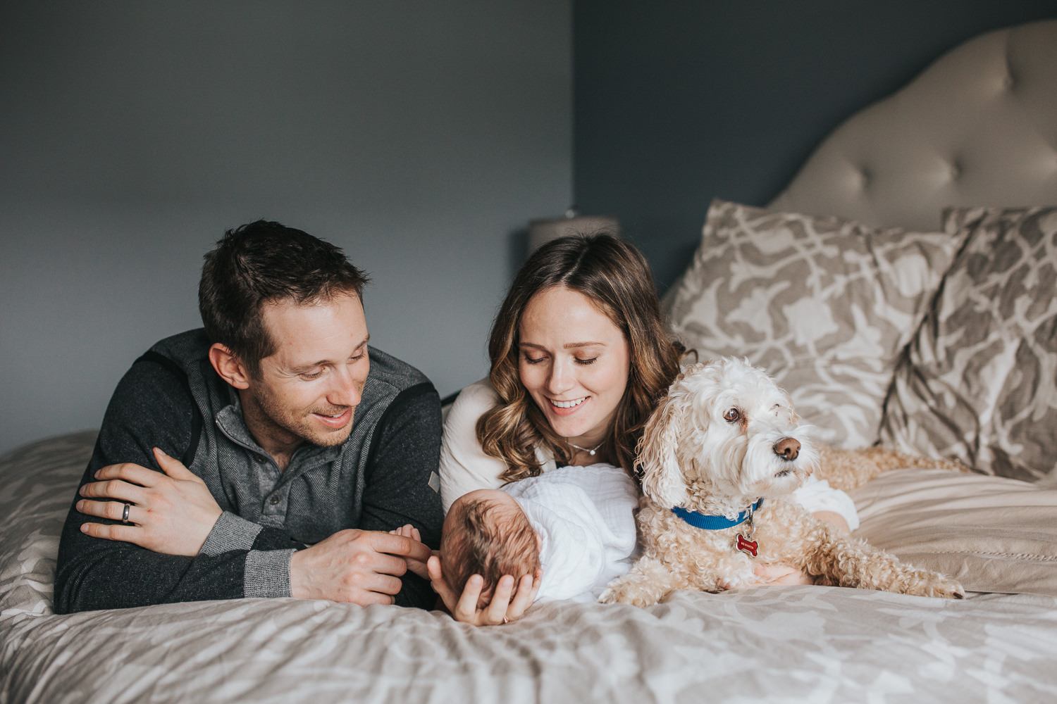 new parents lying on master bed looking at their 2 week old baby girl, family dog looks on - Markham In-Home Photography