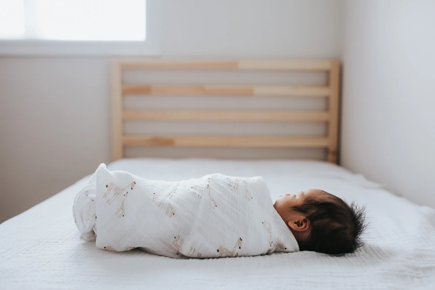 2 week old baby boy lying swaddled and sleeping on bed - Stouffville Lifestyle Photography