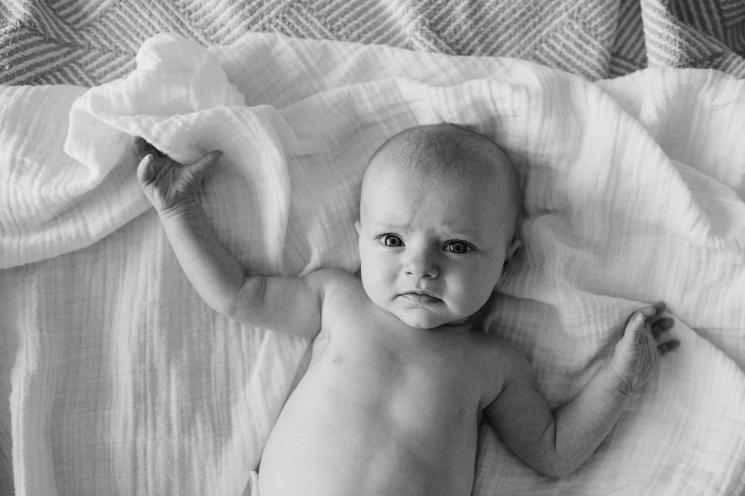 2 month old baby girl in diaper lying on white swaddle looking at camera - Barrie Lifestyle Photos