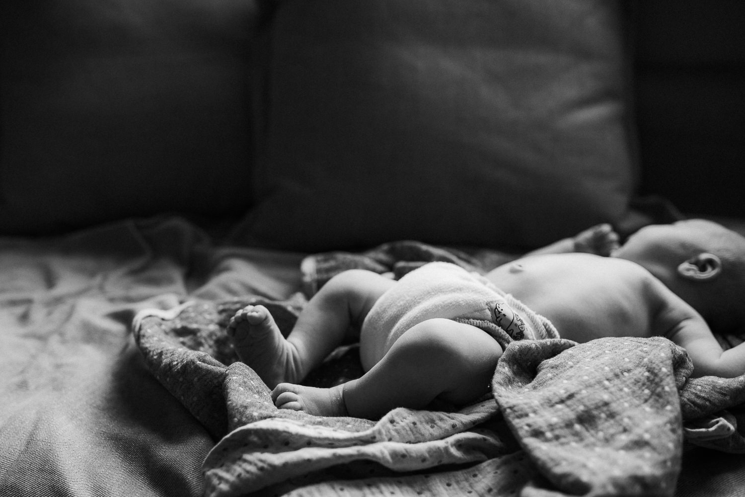 10 day old baby boy lying on grey polkadot swaddle asleep on couch - Barrie In-Home Family Photography