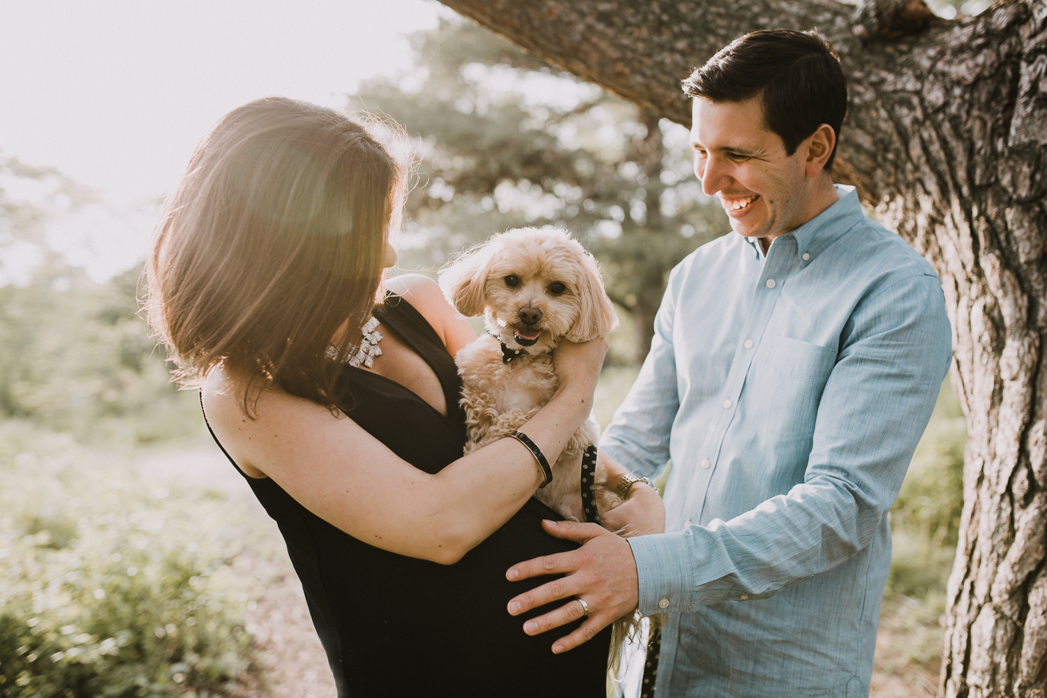 husband laughing with hands on wife's pregnant belly while she holds small dog in her arms -  Markham Lifestyle Photos