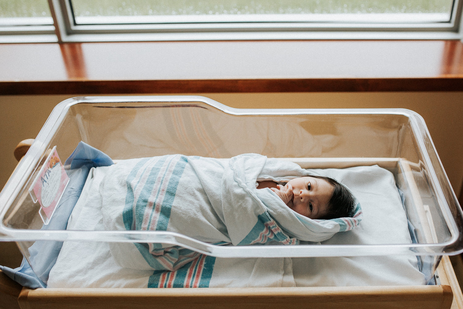 1 day old baby girl with lots of dark hair lying awake in hospital bassinet - Markham Fresh 48 Photos