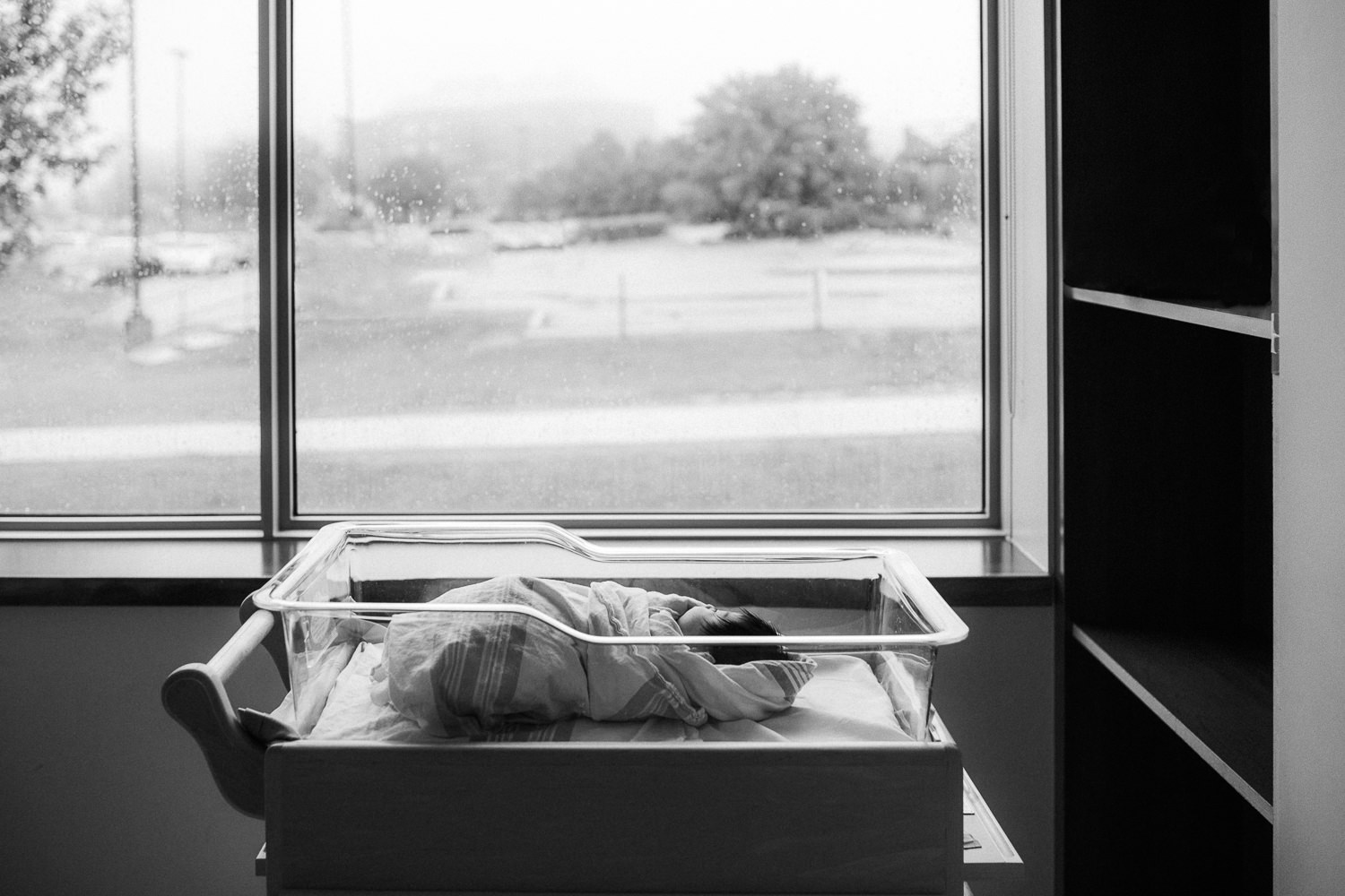 1 day old baby girl with lots of dark hair lying awake in hospital bassinet - Barrie Fresh 48 Photos