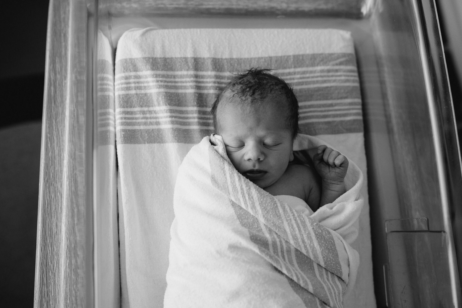 10 hour old baby boy swaddled sleeping in hospital bassinet - Barrie Fresh 48 Photos