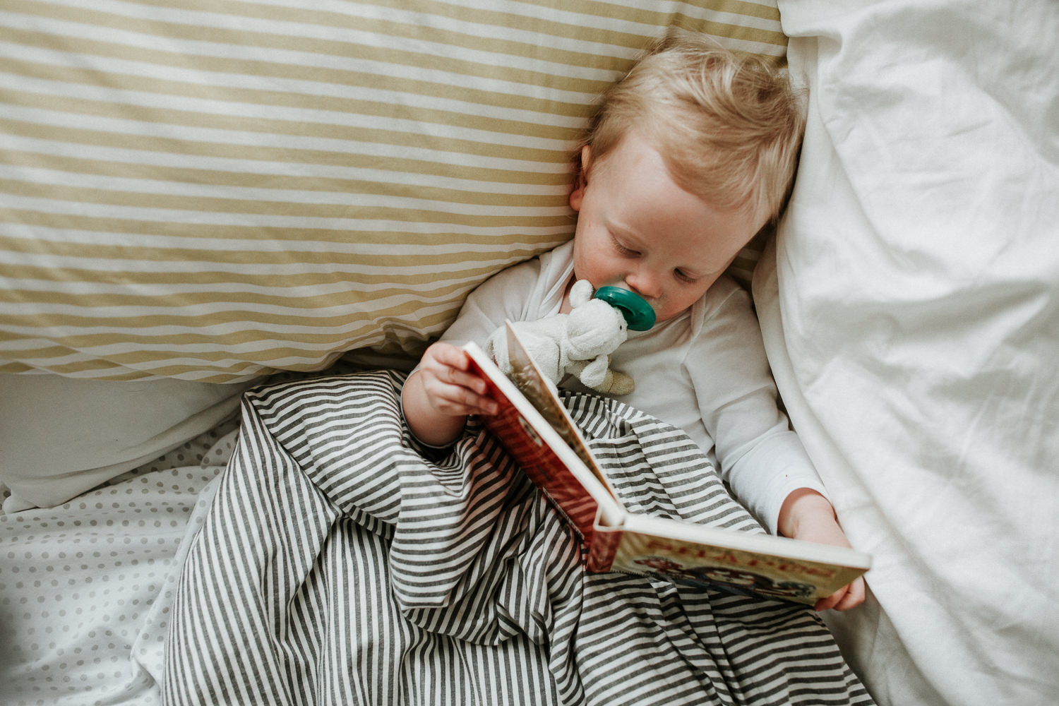 18 month old blonde boy lying in bed with striped linens, reading book - Stouffville Family Photography
