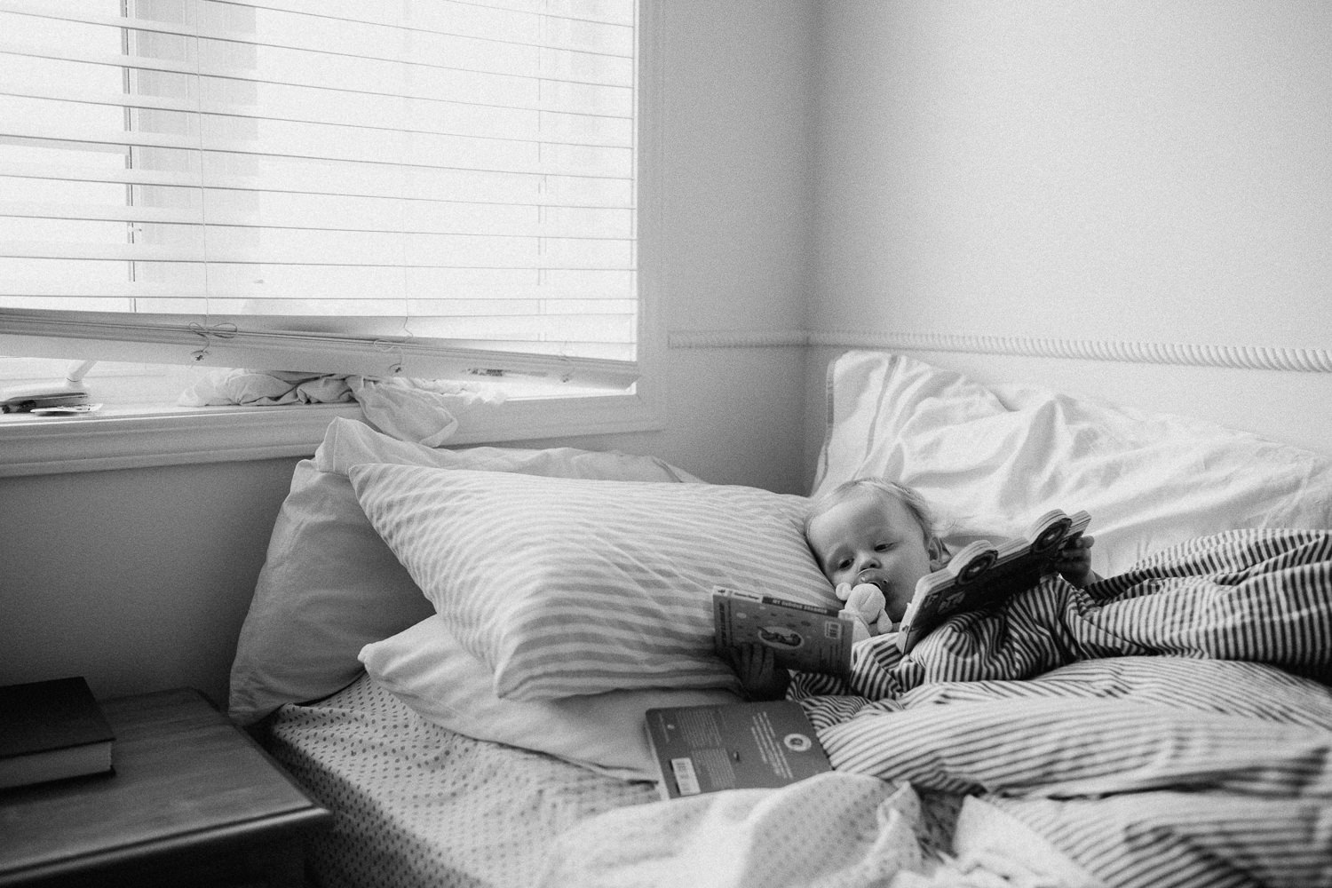 18 month old boy lying in bed choosing a book to read - Barrie Family Photography