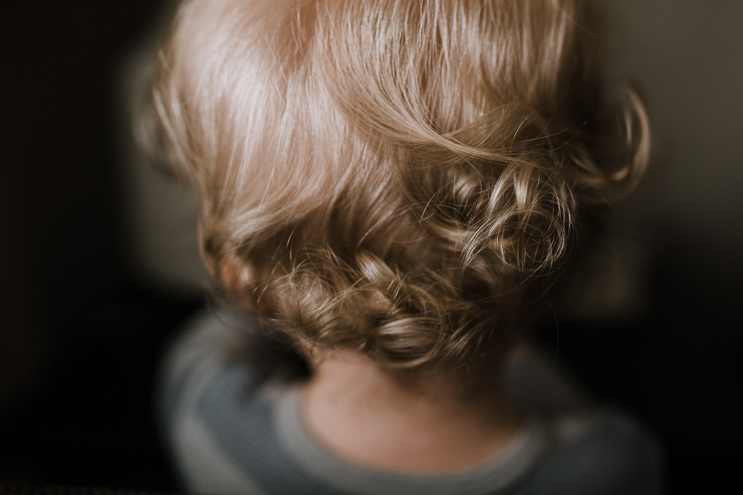 close up of 18 month old boy's blonde curls on the back of his head - Newmarket Documentary Photographer