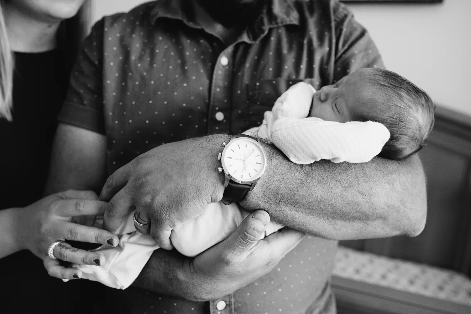 2 week old baby boy sleeping in dad's arms - Stouffville In-Home Photos