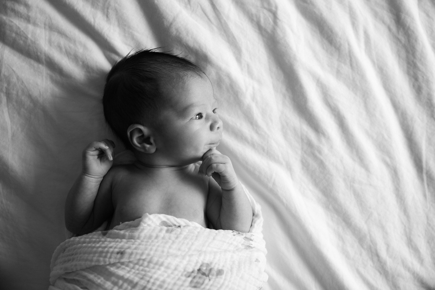 2 week old baby girl in swaddle lying on bed awake - Barrie In-Home Photography
