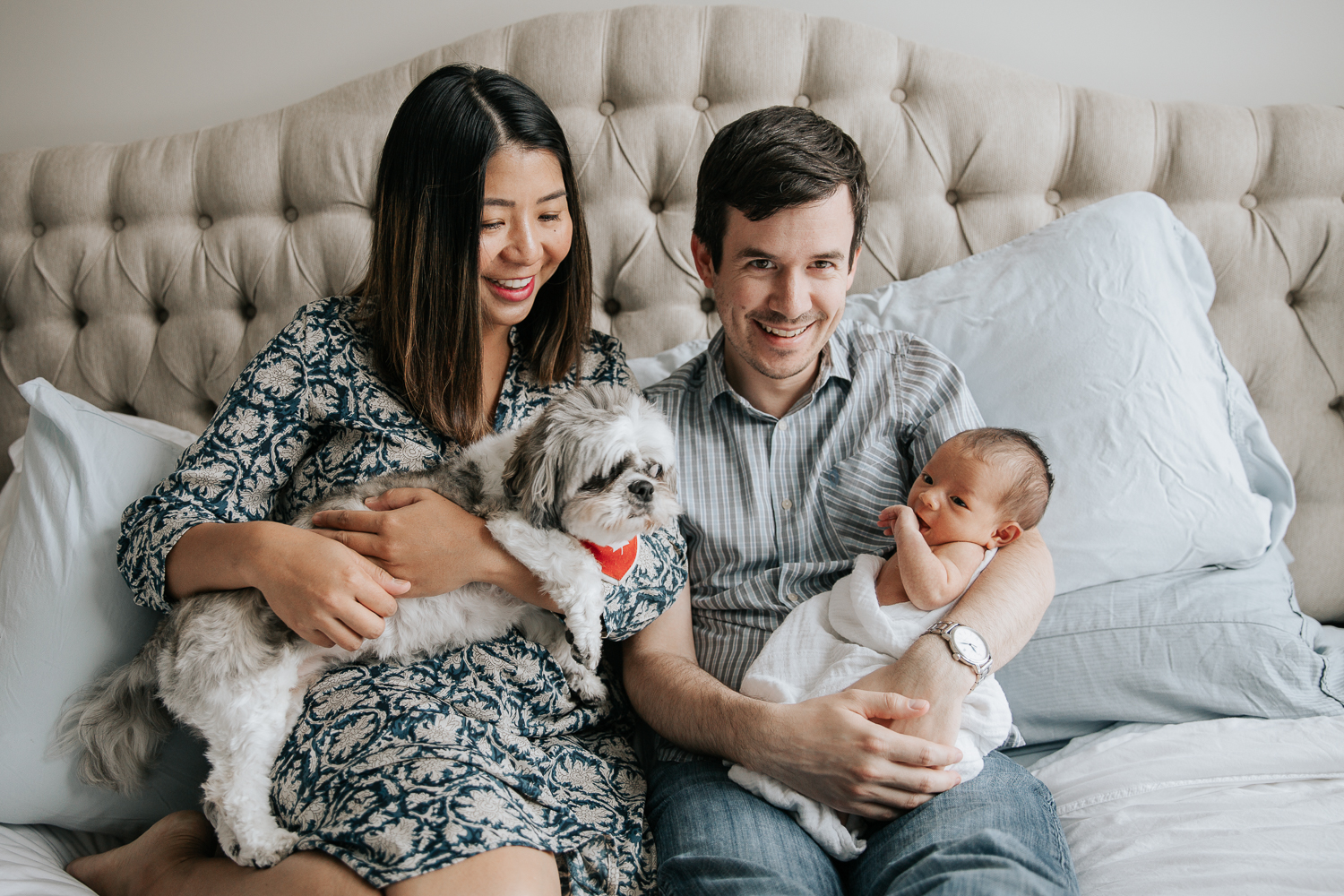 new parents sitting on master bed holding 2 week old baby girl and shitzu dog - Barrie Lifestyle Photography