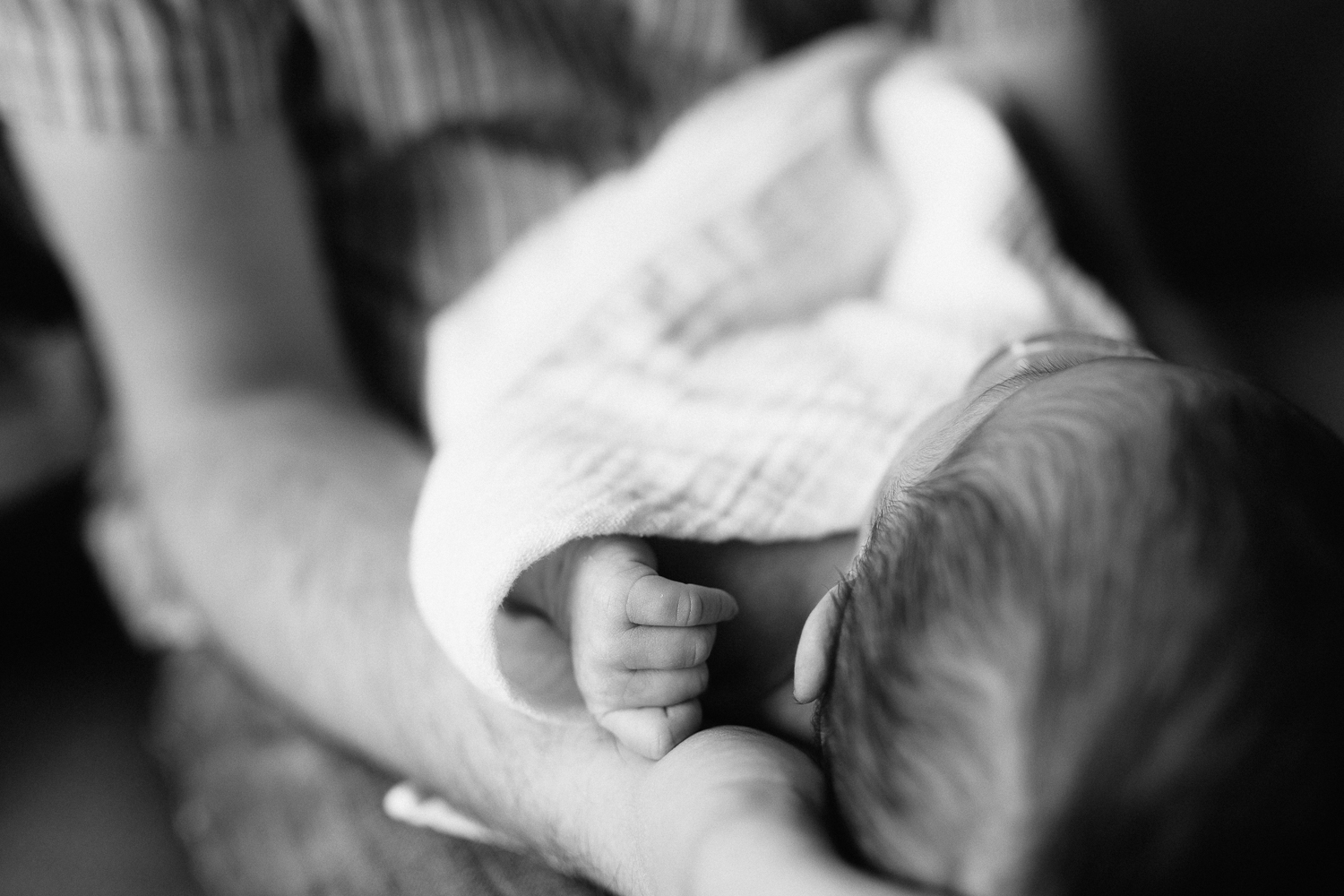 2 week old baby girl in swaddle asleep in father's arms, close up of hand - Barrie Lifestyle Photography