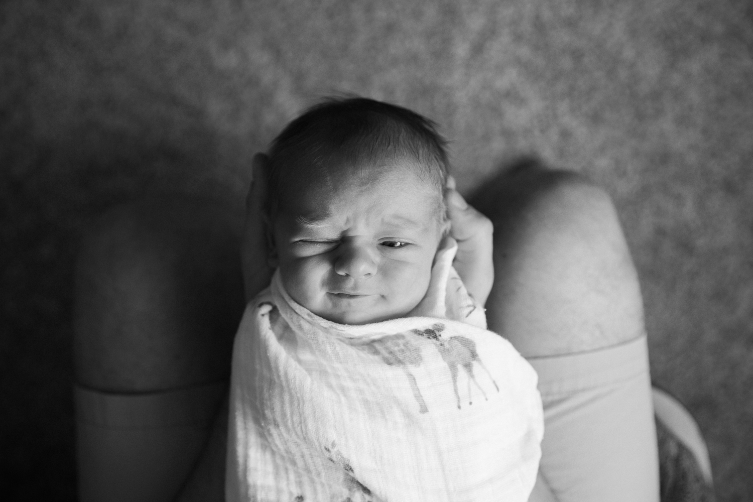 3 week old baby boy in swaddle lying in father's lap winking at the camera - GTA In-Home Photography