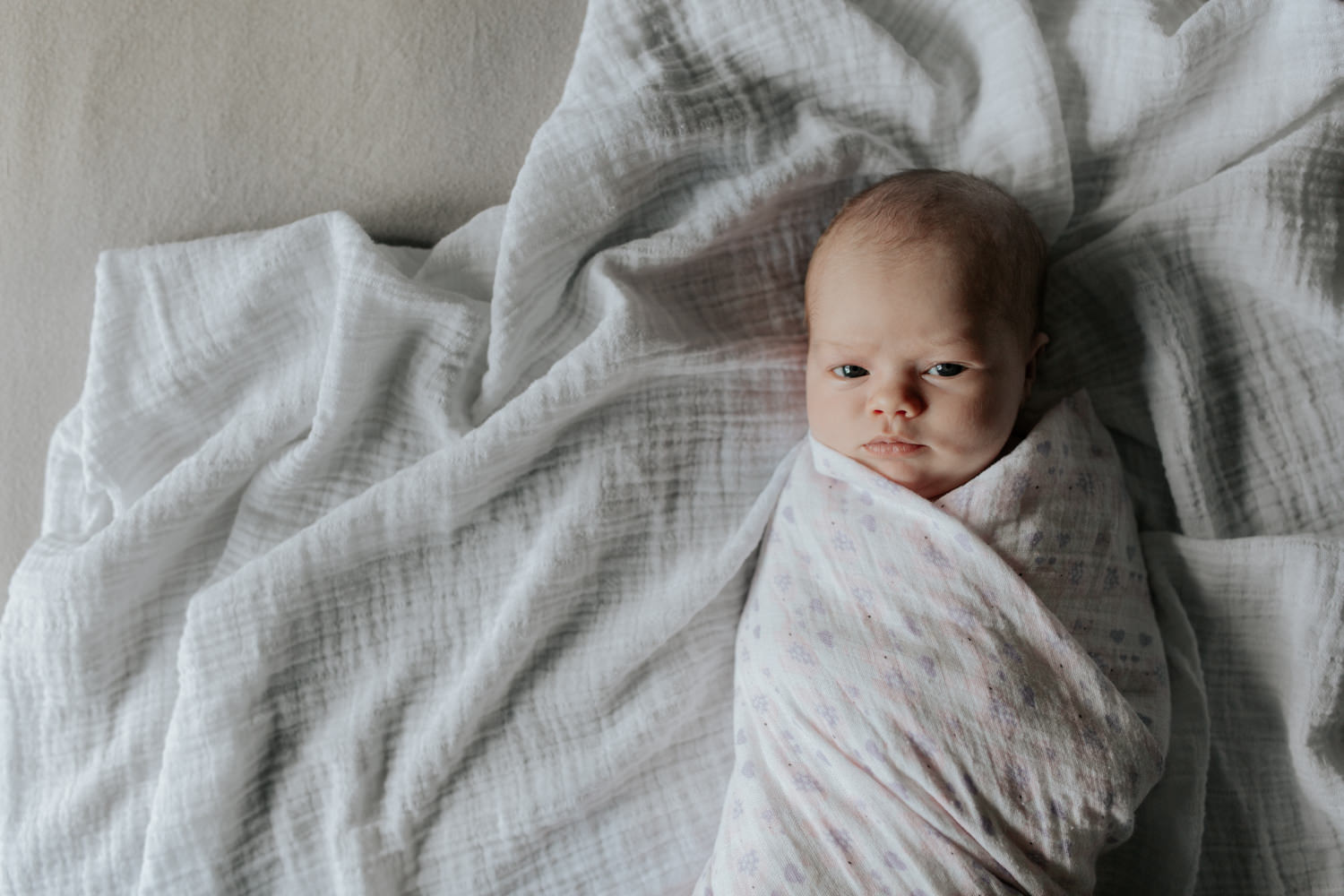 2 week old baby girl with light hair lying on bed wrapped in pink and purple elephant swaddle, awake and looking at camera - Stouffville In-Home Photos
