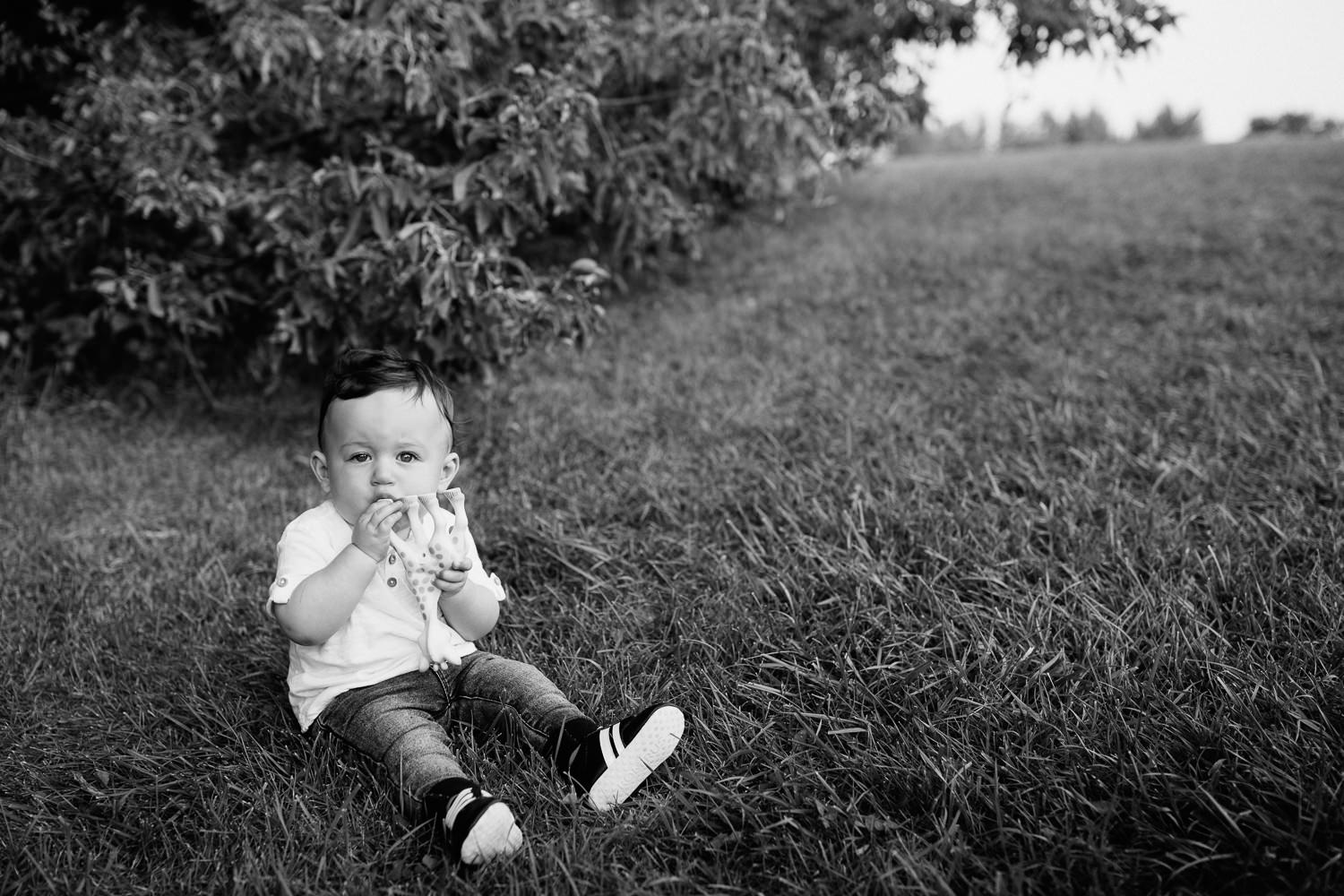 9 month old baby boy with dark hair wearing white t-shirt, jeans and sneakers sitting on grass chewing on Sophie the giraffe, looking at camera - Stouffville Lifestyle Photos