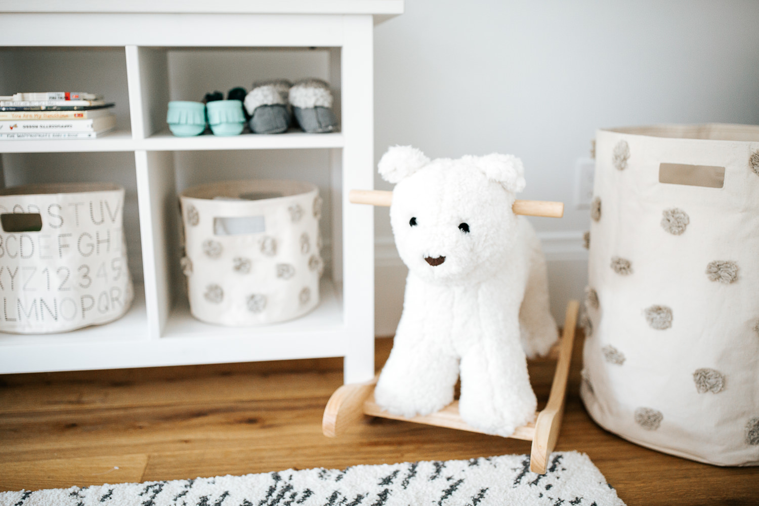 neutral grey and white nursery details, white rocking bear in corner - Markham In-Home Photos