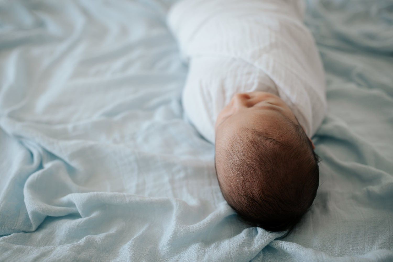 2 week old baby boy with dark hair wrapped in white swaddle lying asleep on bed with blue blanket as background - Newmarket In-Home Photos