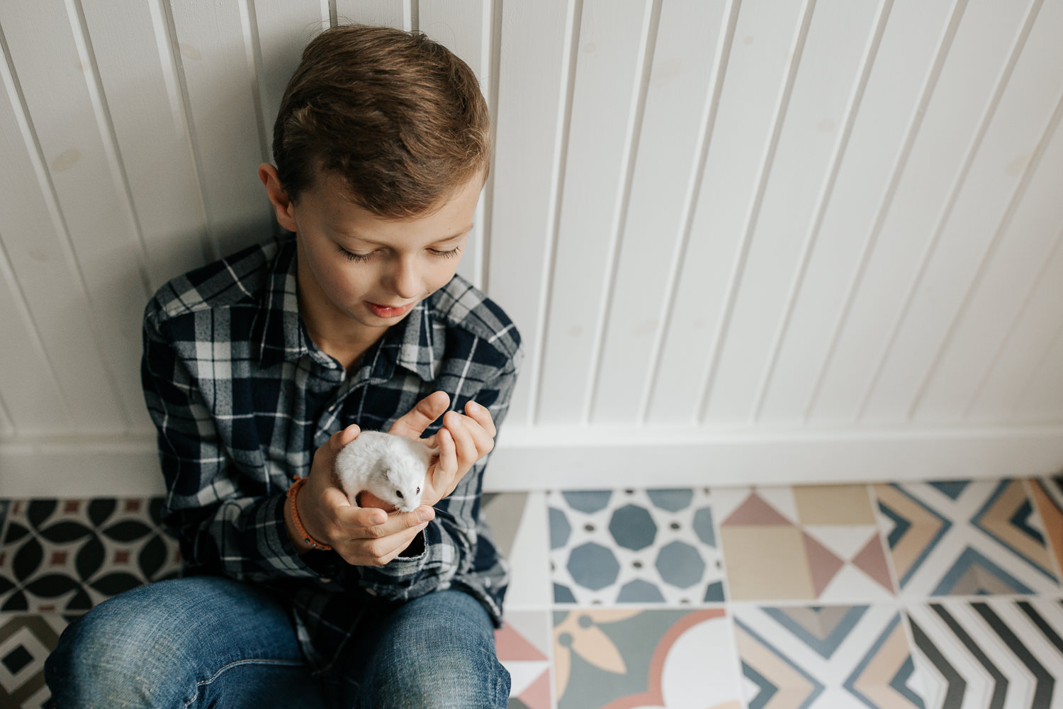 9 year old boy in plaid shirt with light brown hair sitting on colourful tile floor, leaning against wall, holding and looking at white hamster in his hands - Stouffville In-Home Photography