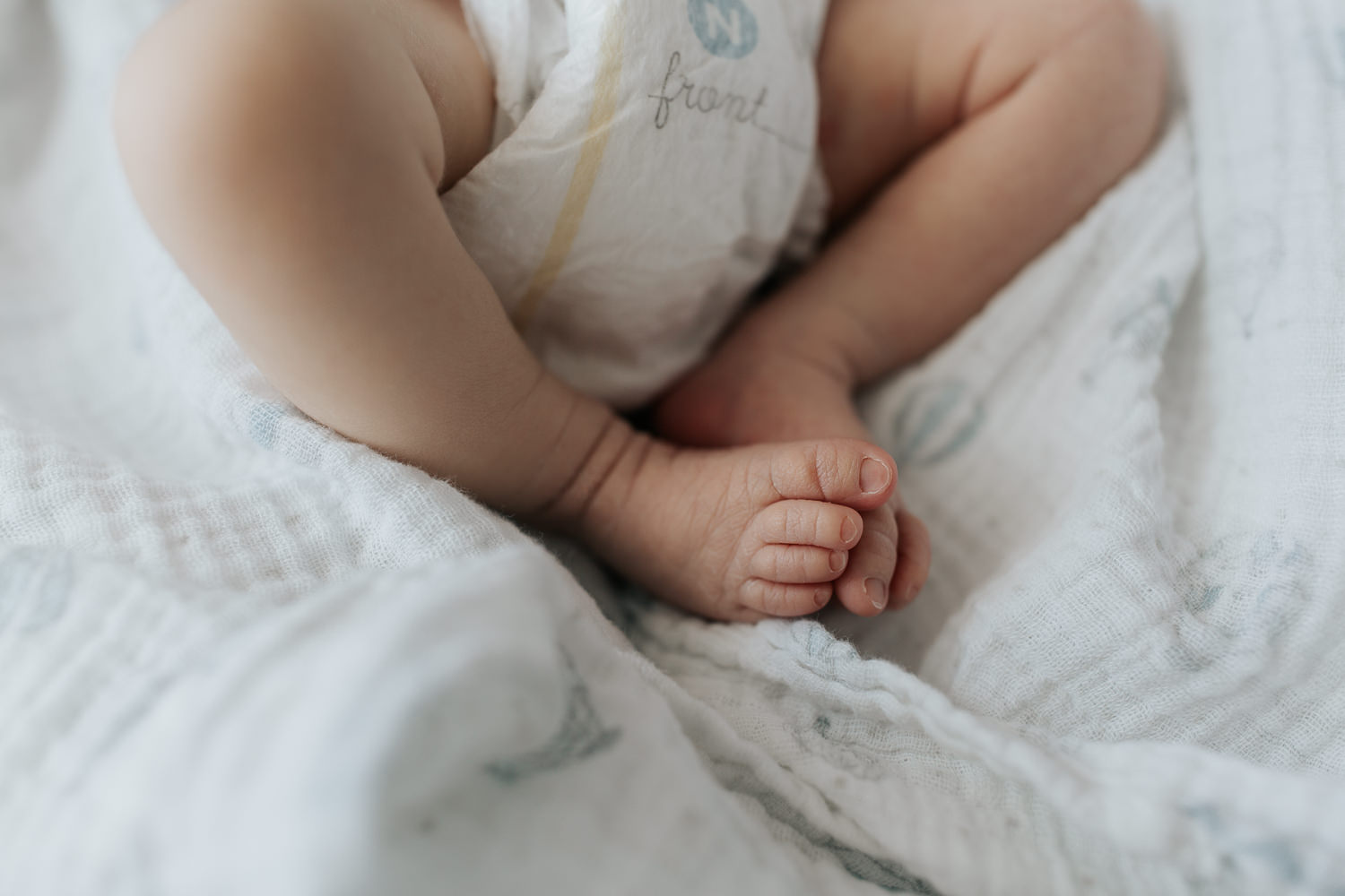 2 week old baby boy in diaper lying on swaddle, close up of feet - GTA Lifestyle Photos