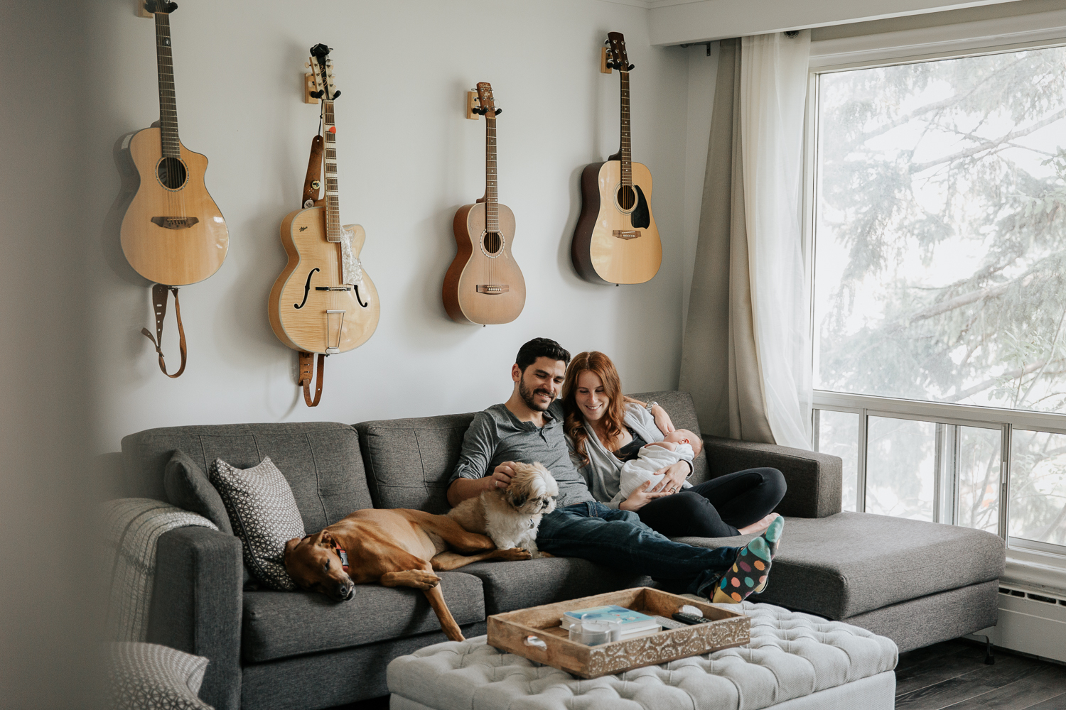 new parents sitting on living room couch, mom holding 2 week old baby boy, large and small dog lying on couch next to father, mother smiling at them - York Region In-Home Photography