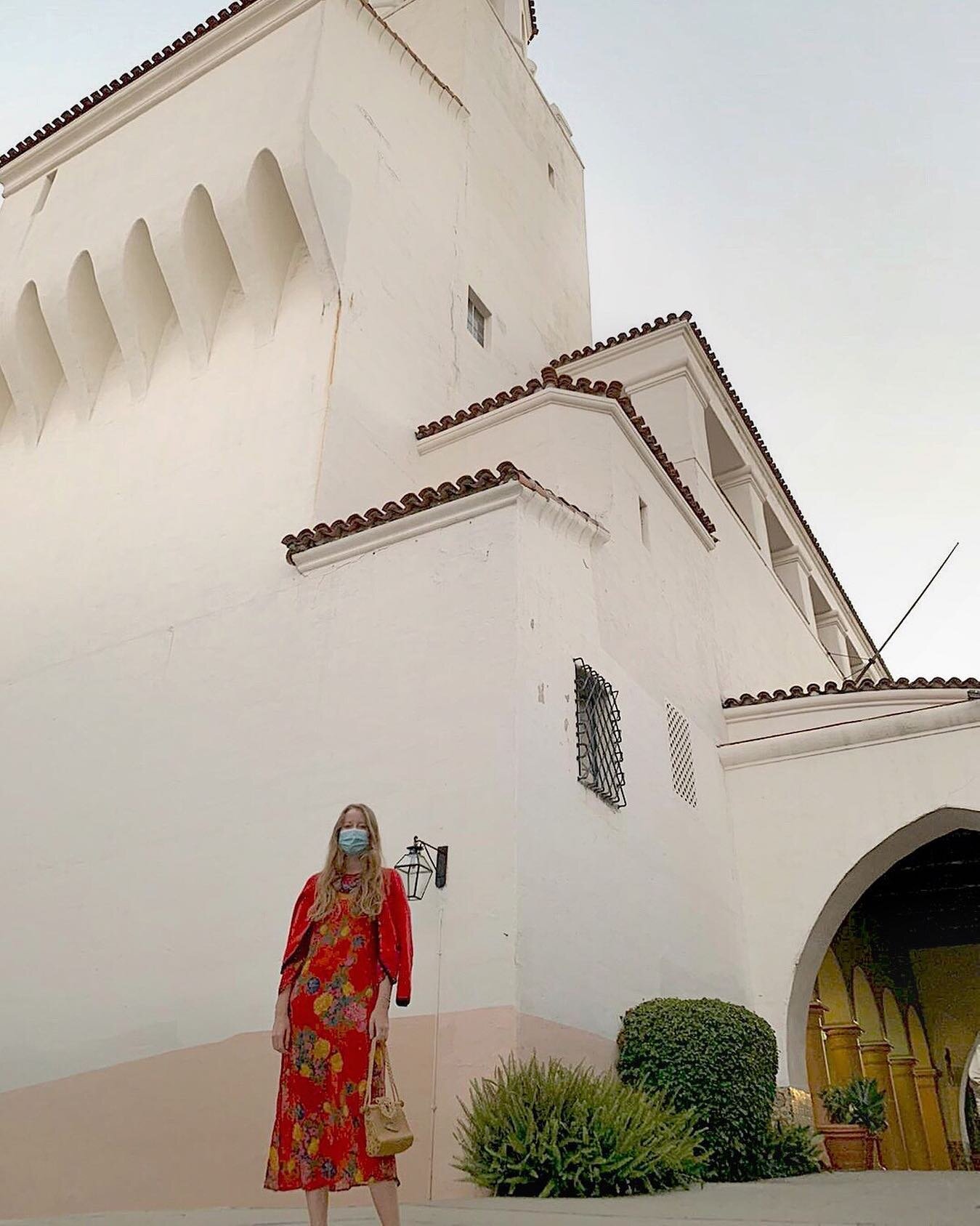 Always head-to-toe Grandma&rsquo;s vintage for summer in Santa Barbara, my second home before New York, which is a little taste of beautiful #Spain in America. [here, a printed chiffon dress...covered in moth holes at the hem...under a matching wool 