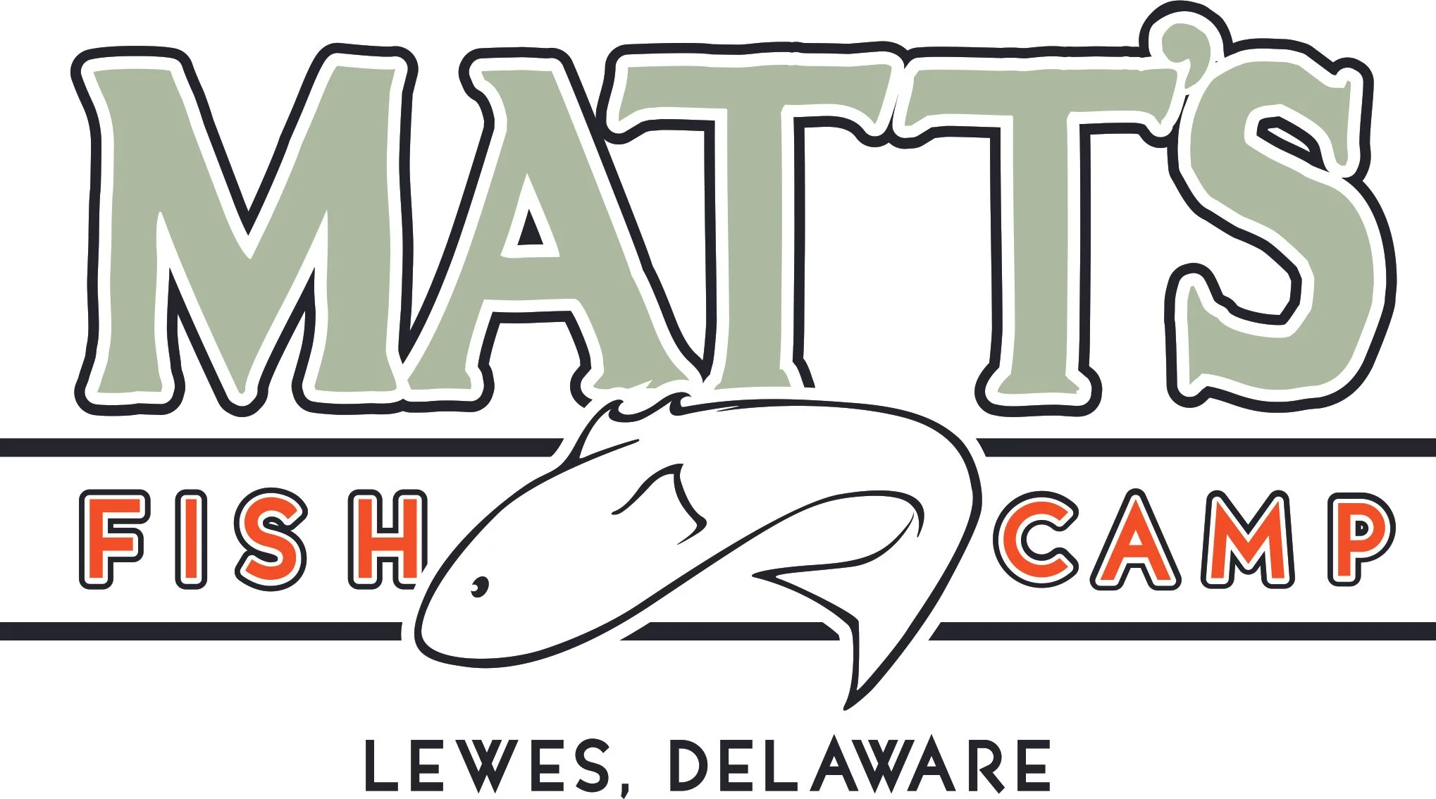 Logo for MATT'S Fish Camp featuring stylized text and a fish illustration, with location Lewes, Delaware.