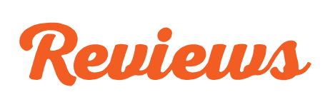 Text that says 'Reviews' in orange cursive font on a black background.