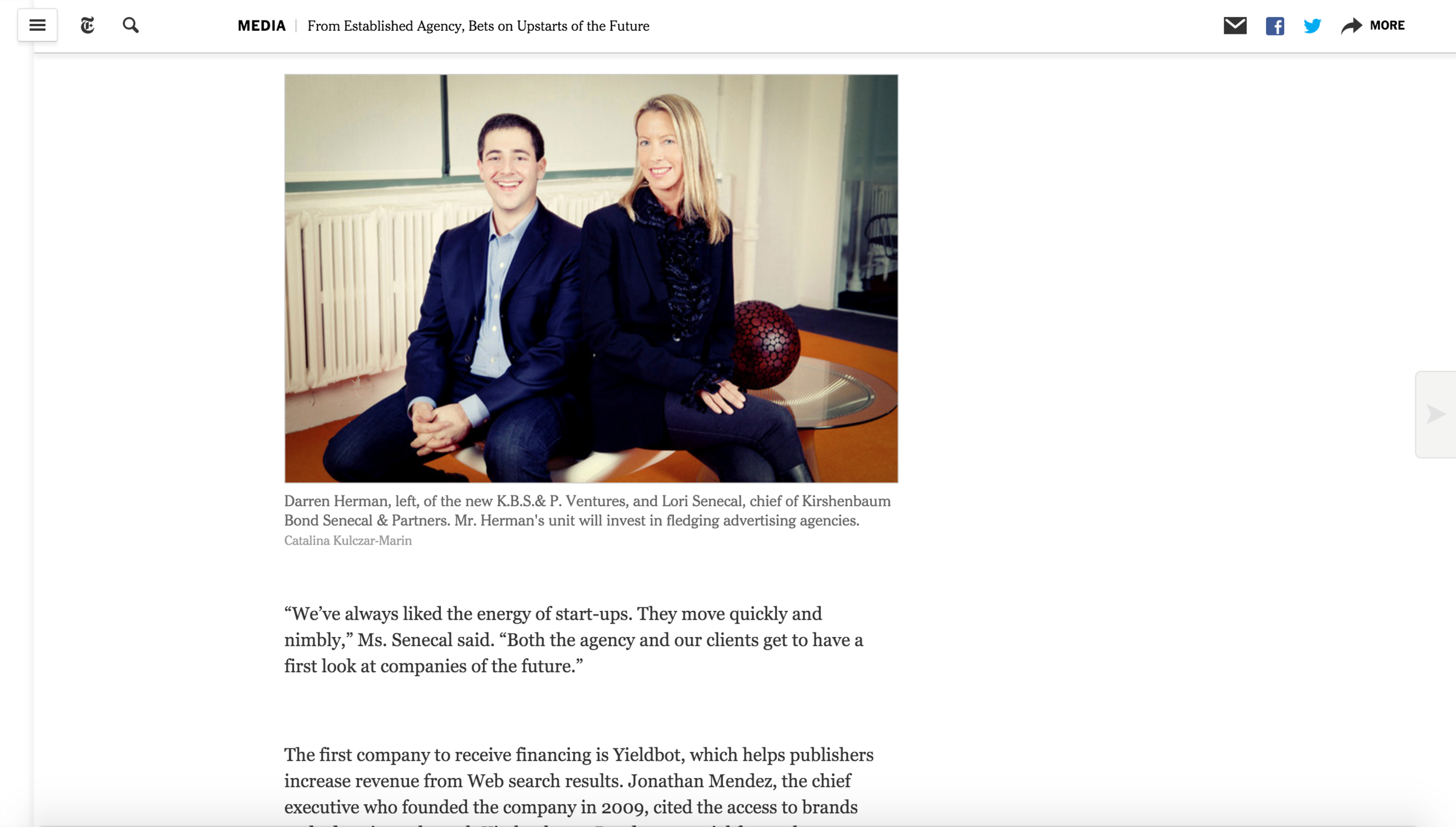 The New York Times:&nbsp;From Established Agency, Bets on Upstarts of the Future