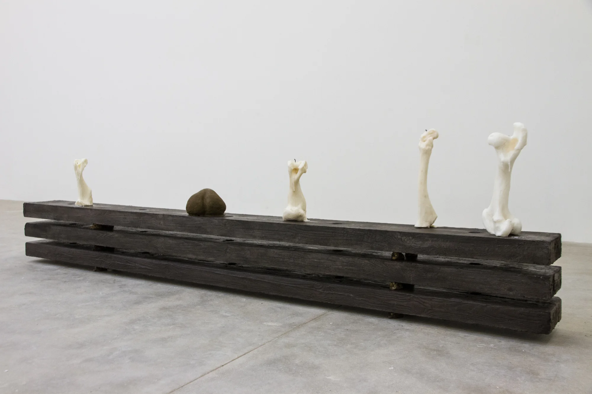 Misery Farm: Arrangement One , 2012 Concrete, Hepworth brown concrete colouring, Carnauba wax, lanolin, carbon black 900 x 250 x 3000 mm Details of individual works within arrangement: A dark and soundless room , 2015 Bruton field mud, water 300 x 200 x 150 mm (wet mud yonic form) They came so suddenly , 2015 Hereford beef tallow (bone shaped candles)