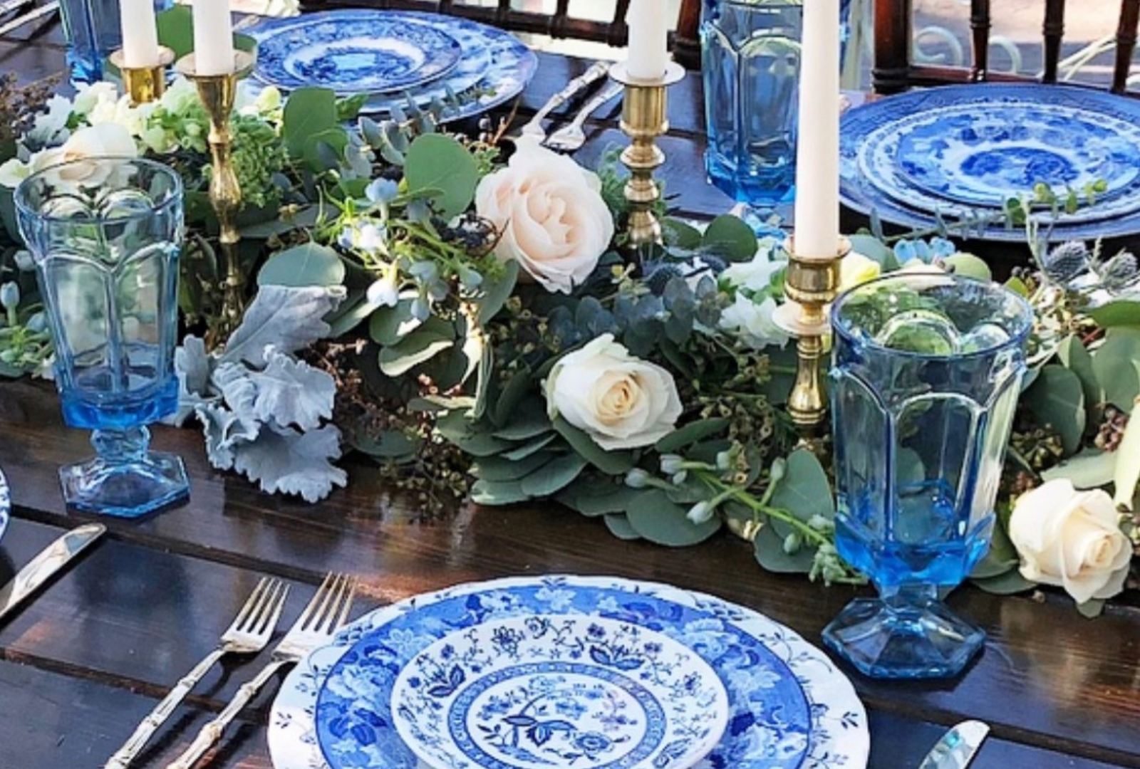 Layered vintage blue and white place setting