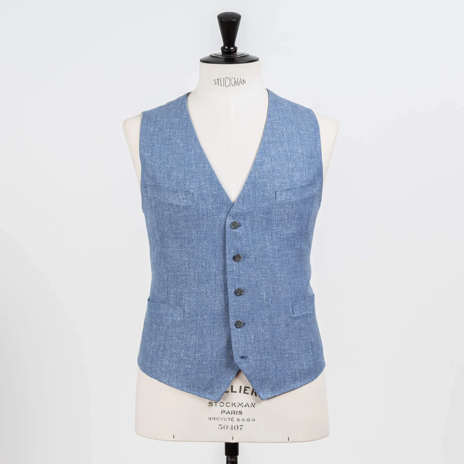 Single-breasted heren gilet in babyblauw wol-linnen met borstzakken – bestuursvest op maat