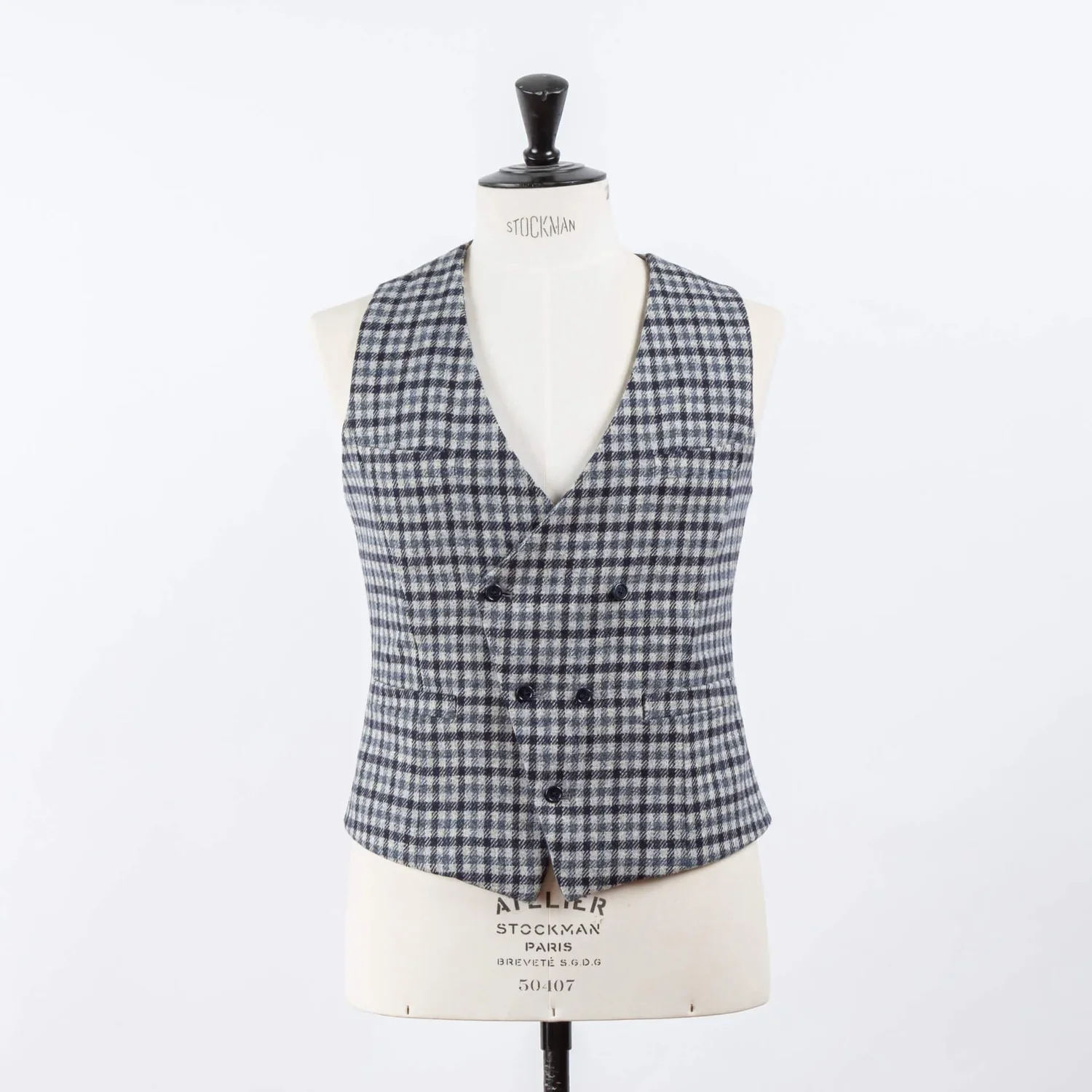 Asymmetrisch heren gilet in blauw-grijs gunclub check – bestuursvest op maat