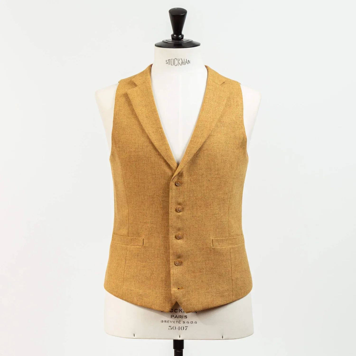 Single-breasted heren gilet met notch lapel in mosterdgeel tweed – bestuursvest op maat