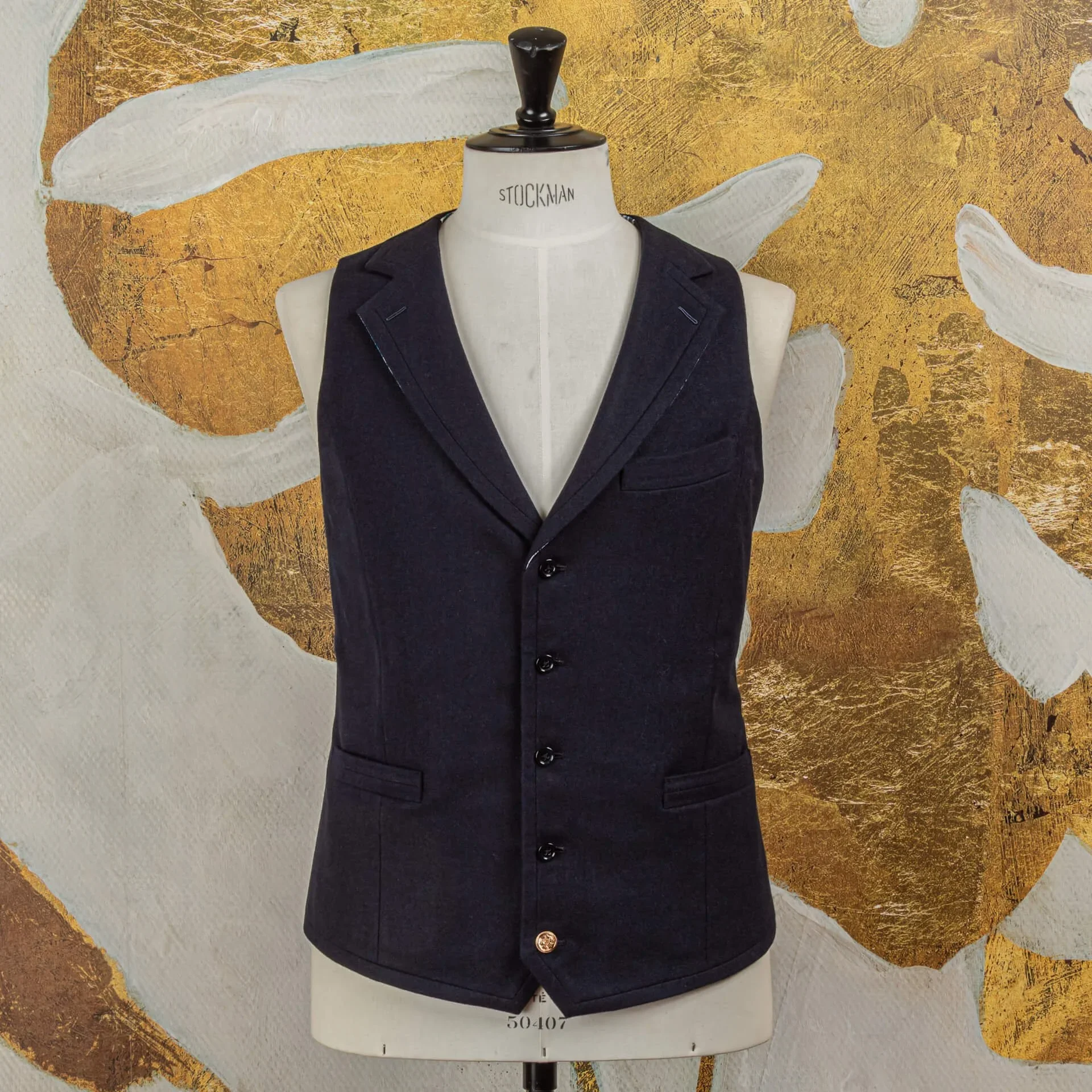 Single-breasted heren gilet met peak lapel in navy flannel met borstzakken – bestuursvest op maat