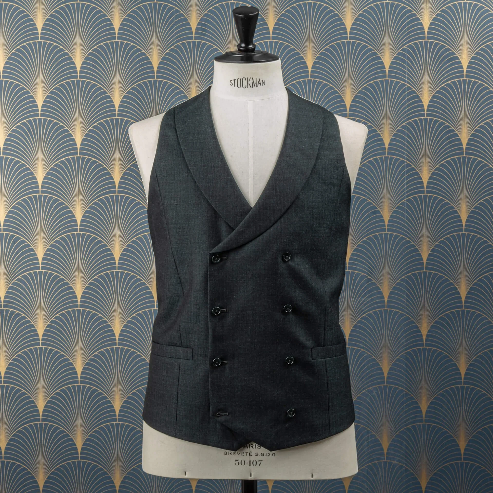 Double-breasted heren gilet met shawl collar in donkergroen visgraat – bestuursvest op maat