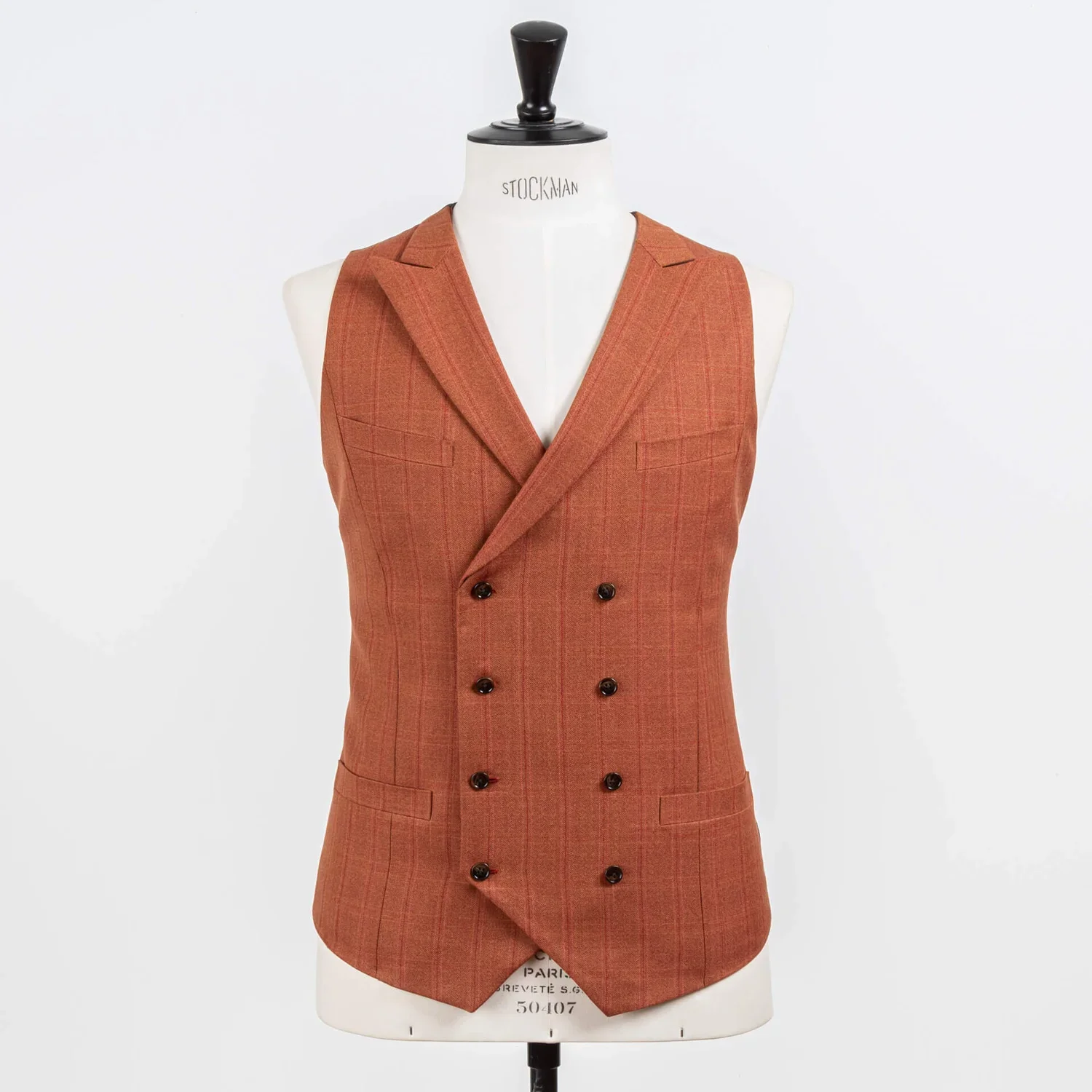 Double-breasted dames gilet met peak lapel in oranje-rood overcheck met borstzakken – bestuursvest op maat