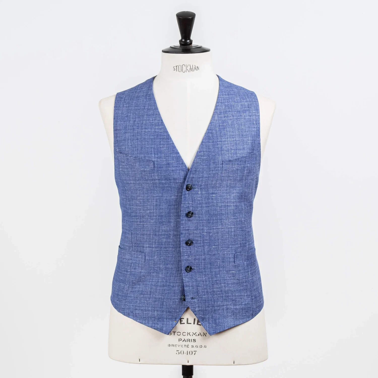 Single-breasted dames gilet in blauw wol-linnen met borstzakken – bestuursvest op maat