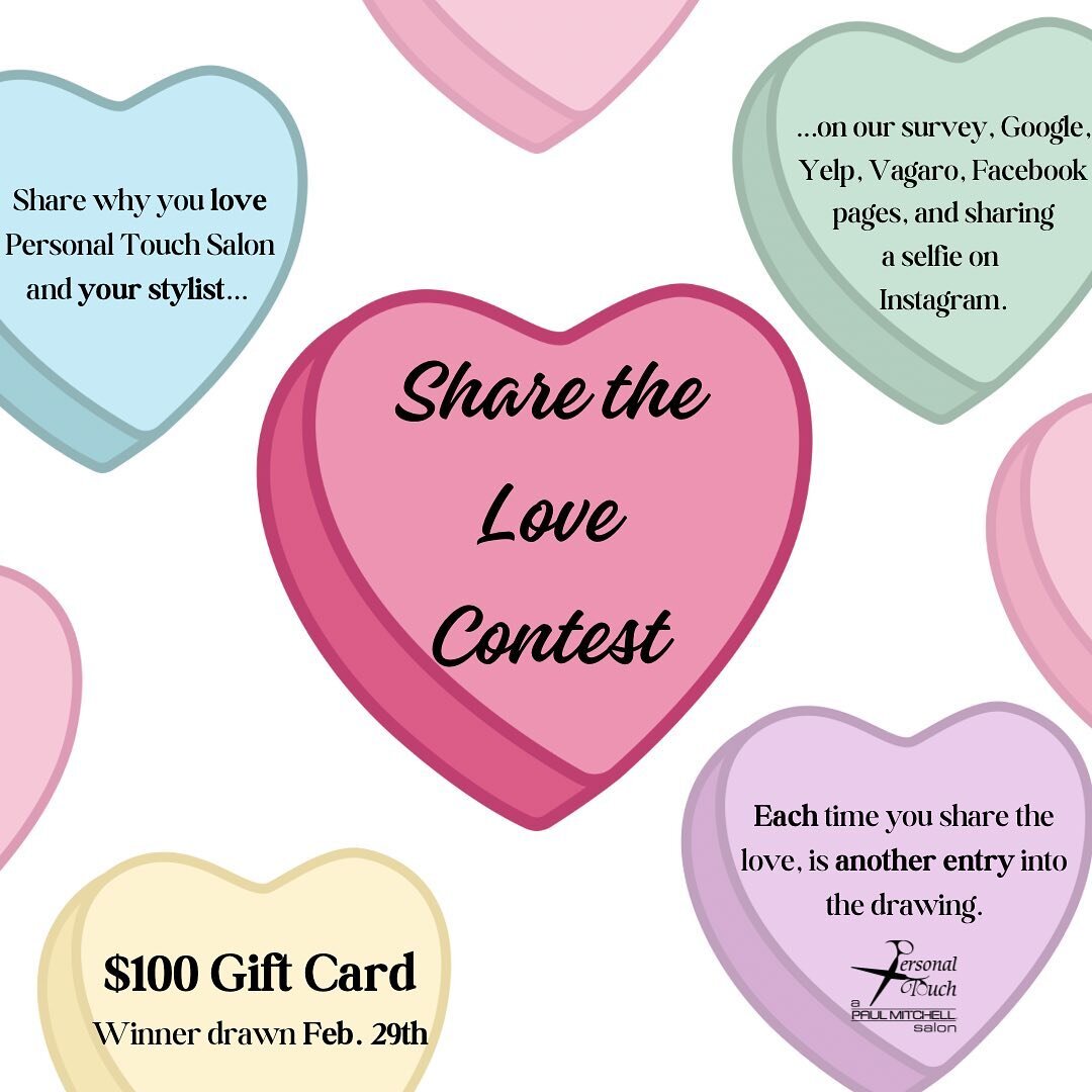 Our infamous Share the Love contest is back! ❤️
Get your name entered in the raffle for a $100 Gift Card
-winner announced on February 29th-

✨-Read below for entry requirements-✨
* Leave a review on any or all our pages:
- Google
- Yelp
- Vagaro
- F