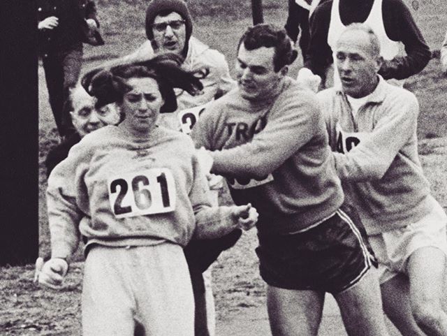 A hero and advocate for women's sports, Kathrine Spitzer, runs 50 years after this photo of an official trying to pull her bib off. Bib #261 retired today :) 40 marathons later and 9 times in Boston: a true inspiration ❤️ #running #bostonmarathon #in