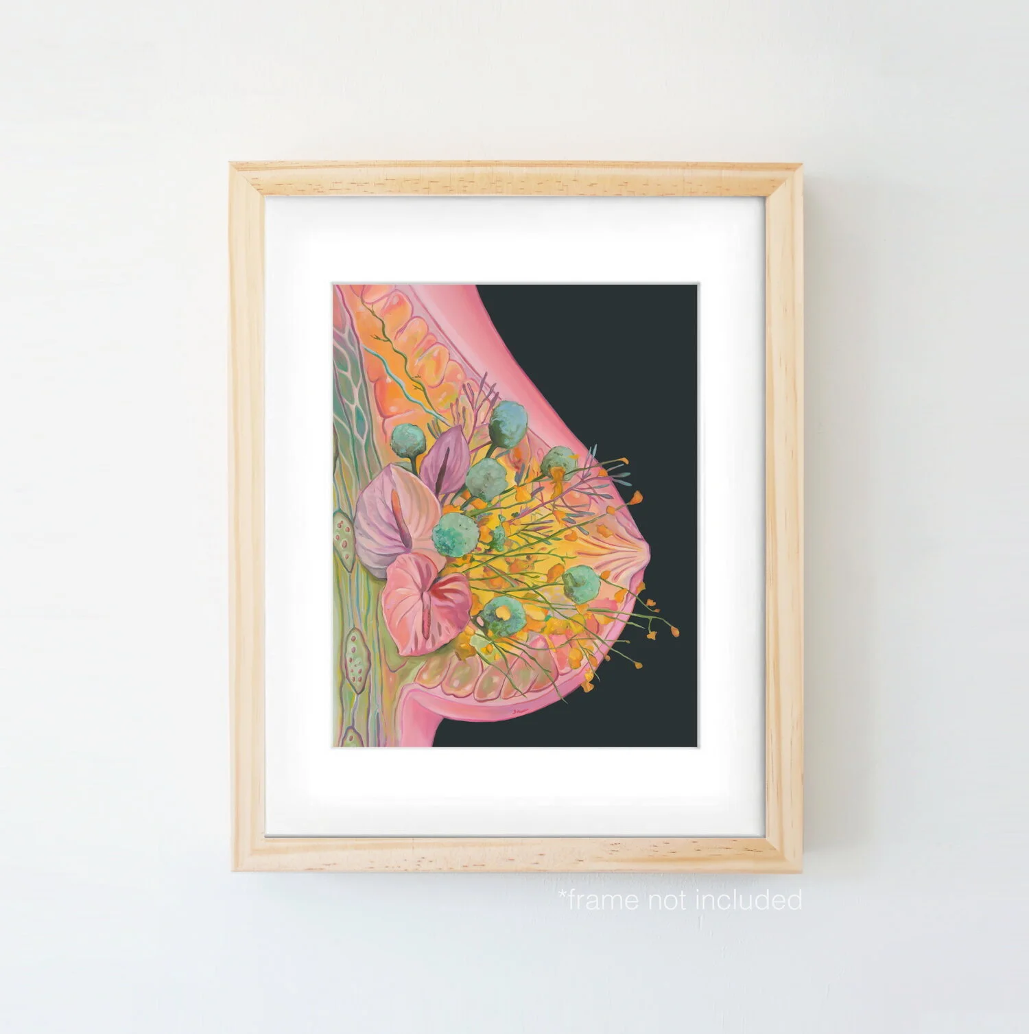 an art print of an oil painting, the painting is of the inside of a breast with flowers over top