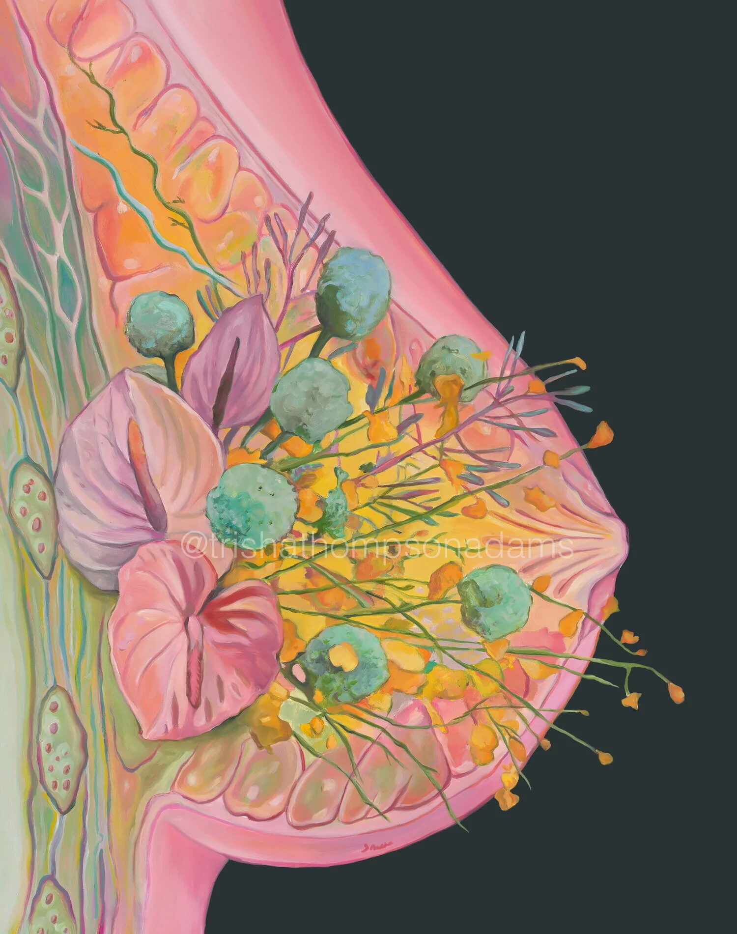 an art print of an oil painting, the painting is of the inside of a breast with flowers over top