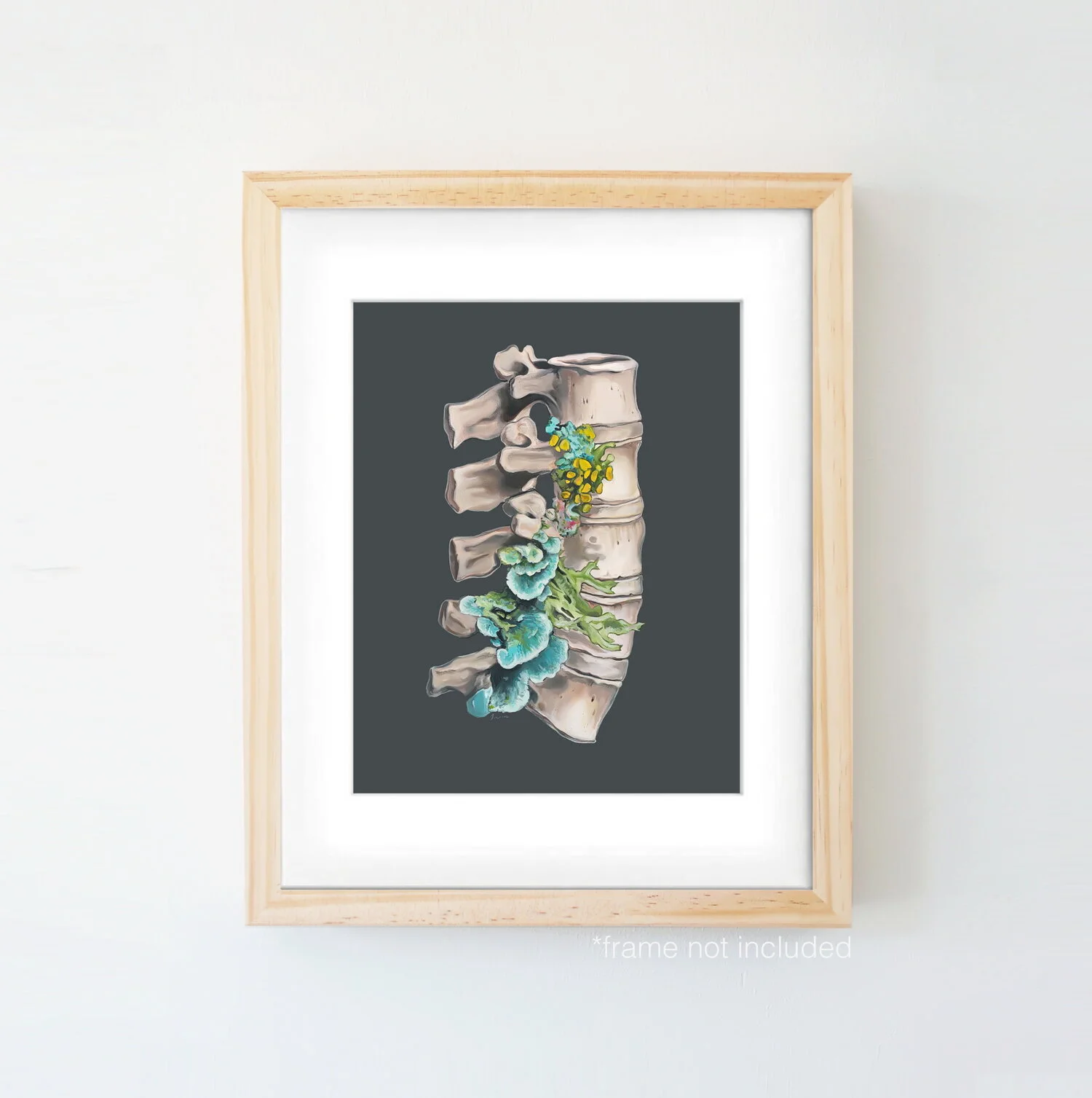 an art print of an oil painting, the painting is of the spine bones with flowers over top