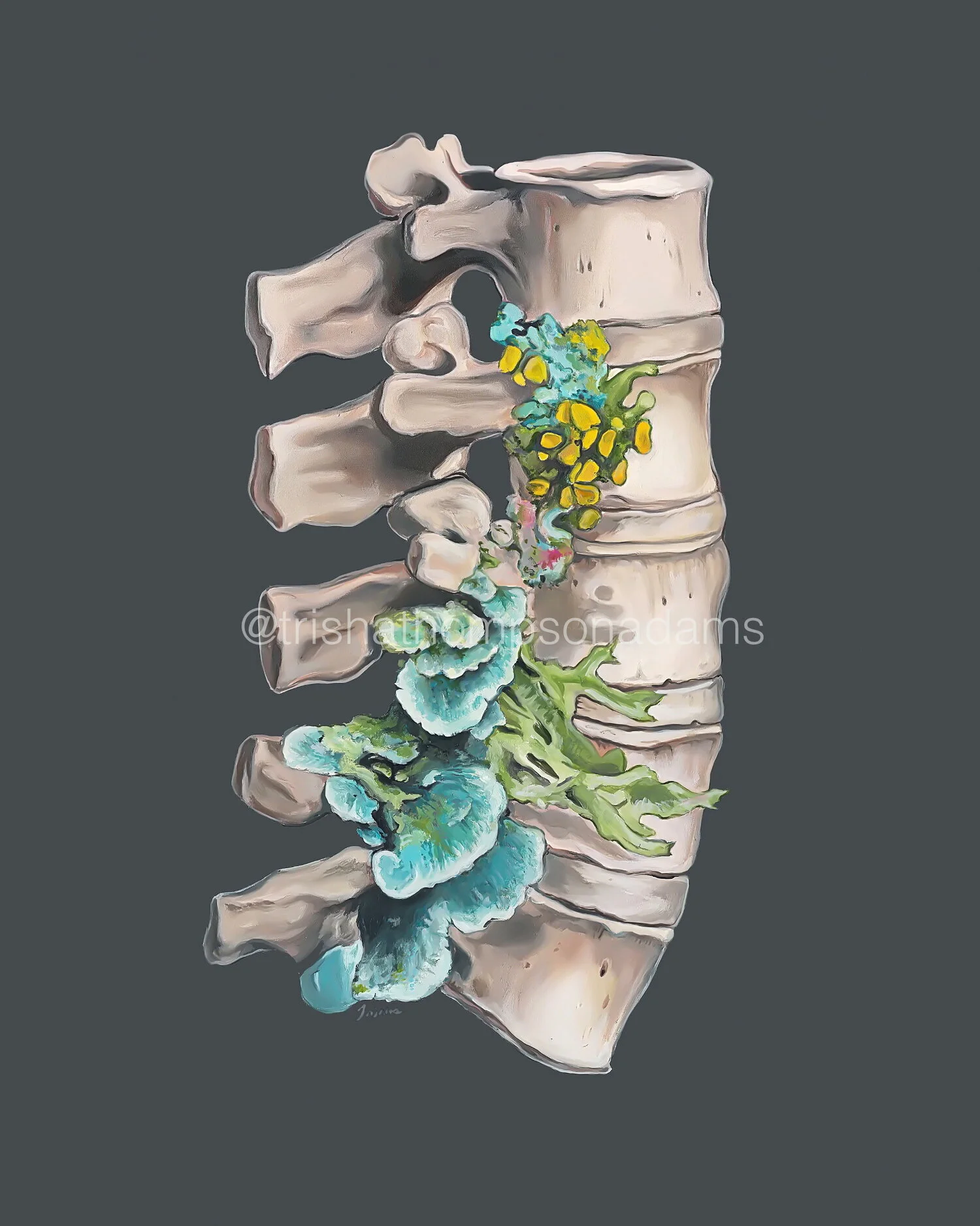 an art print of an oil painting, the painting is of the spine bones with flowers over top