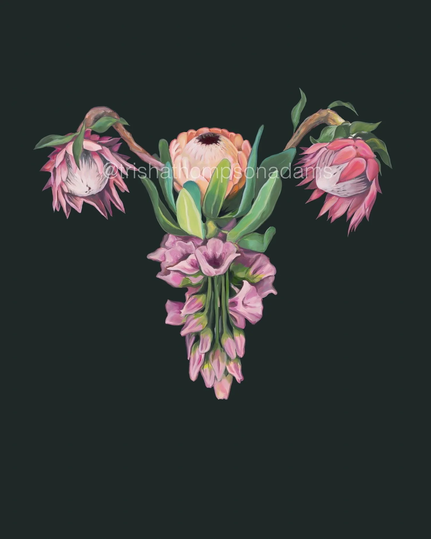 an art print of an oil painting, the painting is of the uterus with flowers making up the anatomy