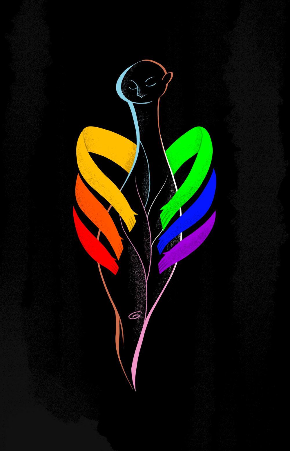 an illustrated art print showing a chacter getting hugged by rainbowcolord arms