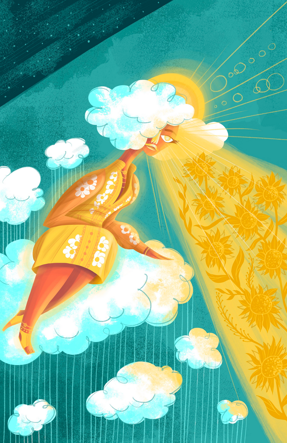 an illustrustrated art print of a lady living in the clouds