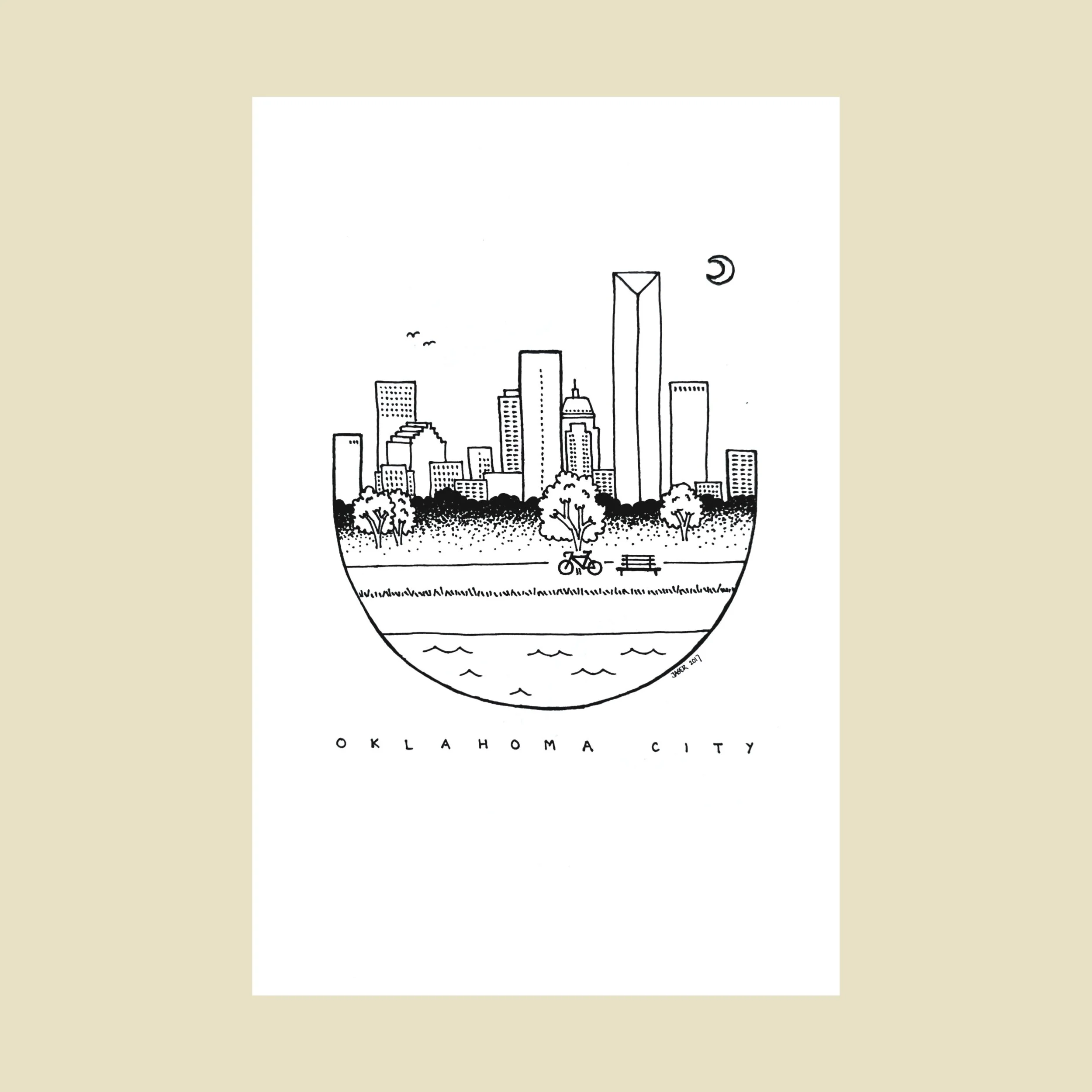 a postcard with a line drawing of the oklahoma city skyline on it