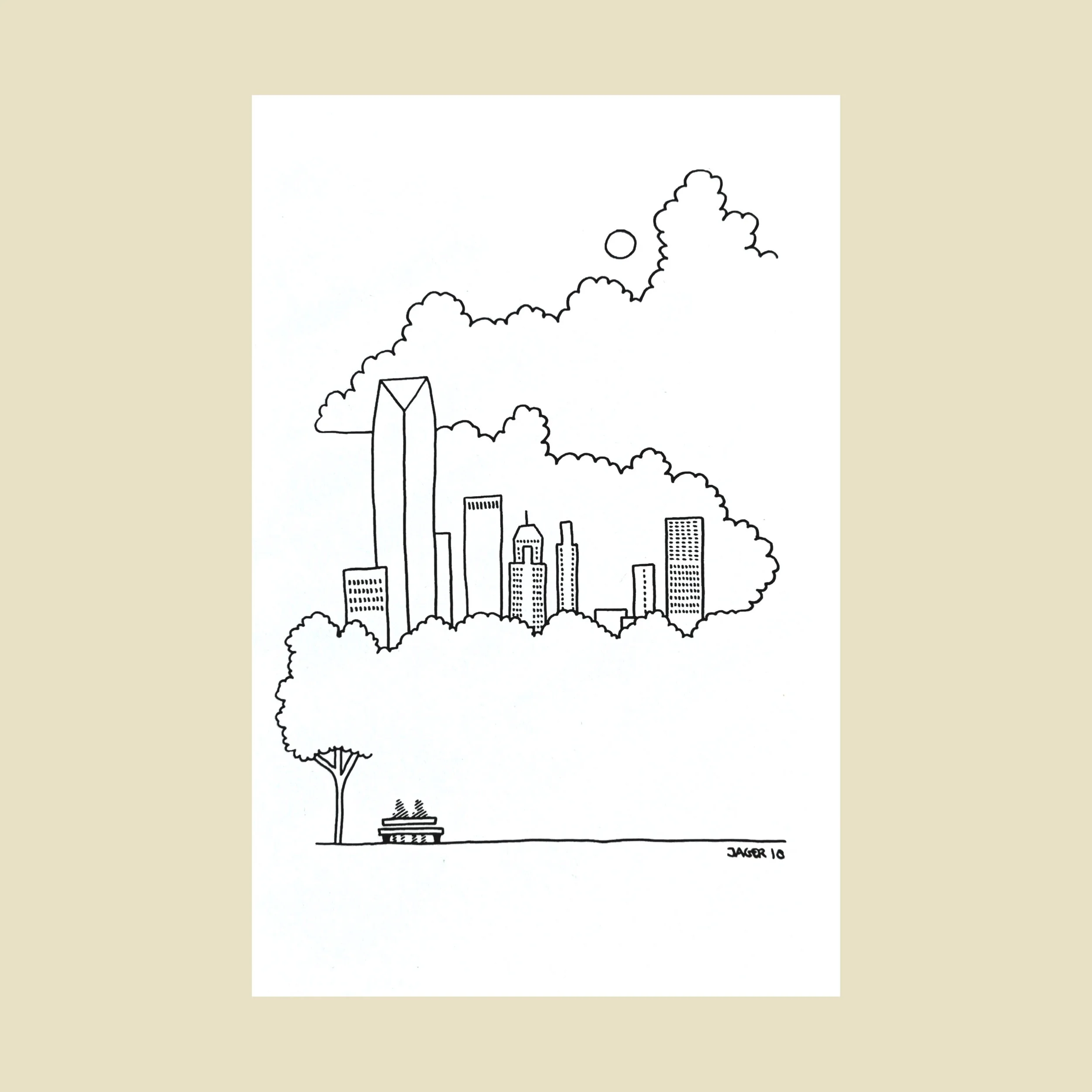 a postcard with a line drawing of the oklahoma city skyline on it