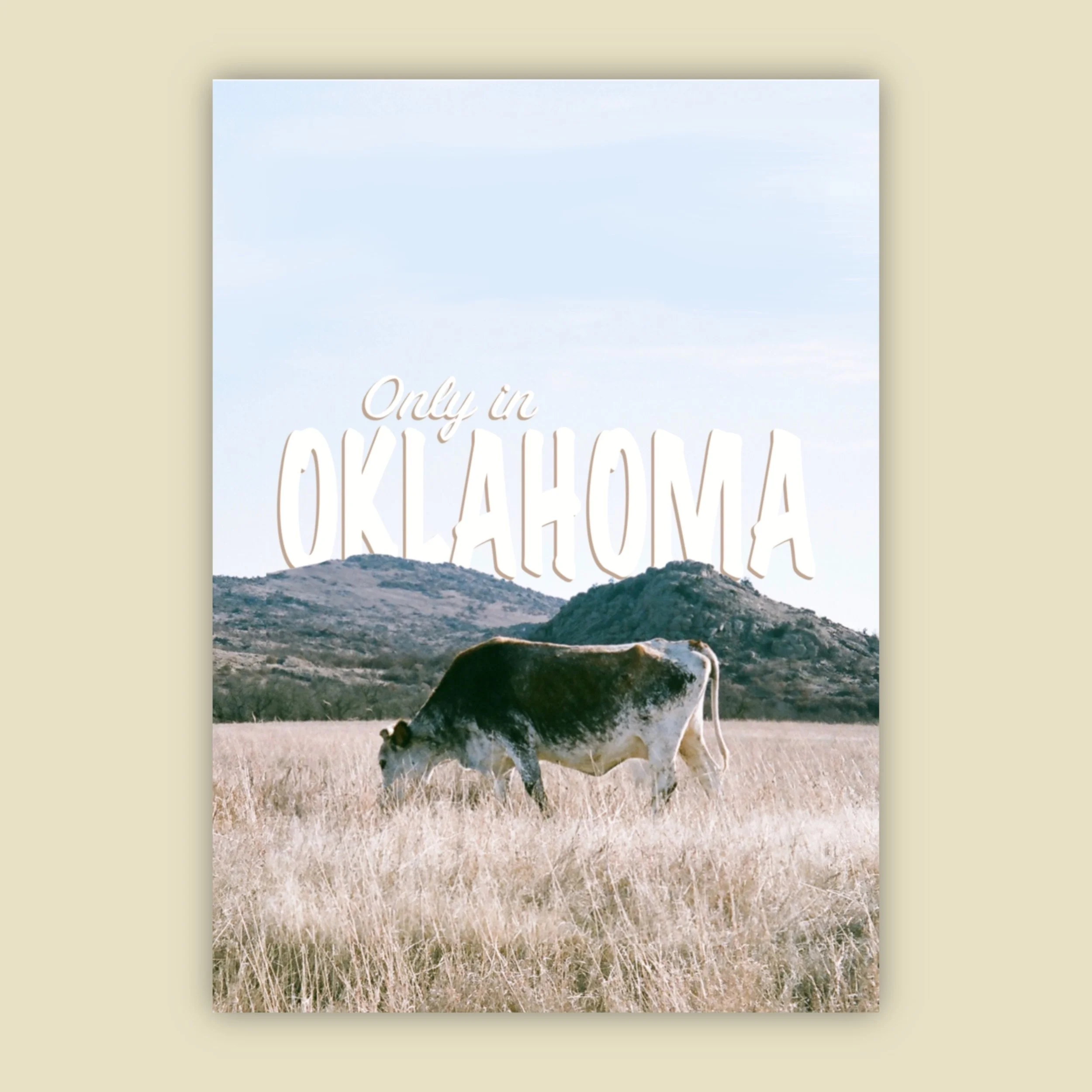 a postcard with a photograph of a cow in the mountains that says "only in Oklahoma" on it