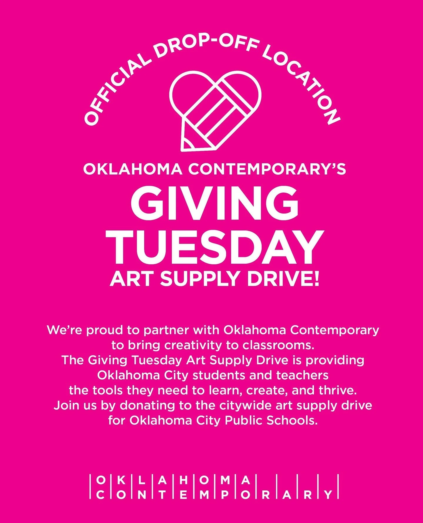 Starting this week, we are partnering up with @okcontemporary as a drop-off location for their art supply drive!⁠
⁠
Between now and December 2nd, your donations will help provide much-needed materials to Oklahoma City Public Schools, supporting hands